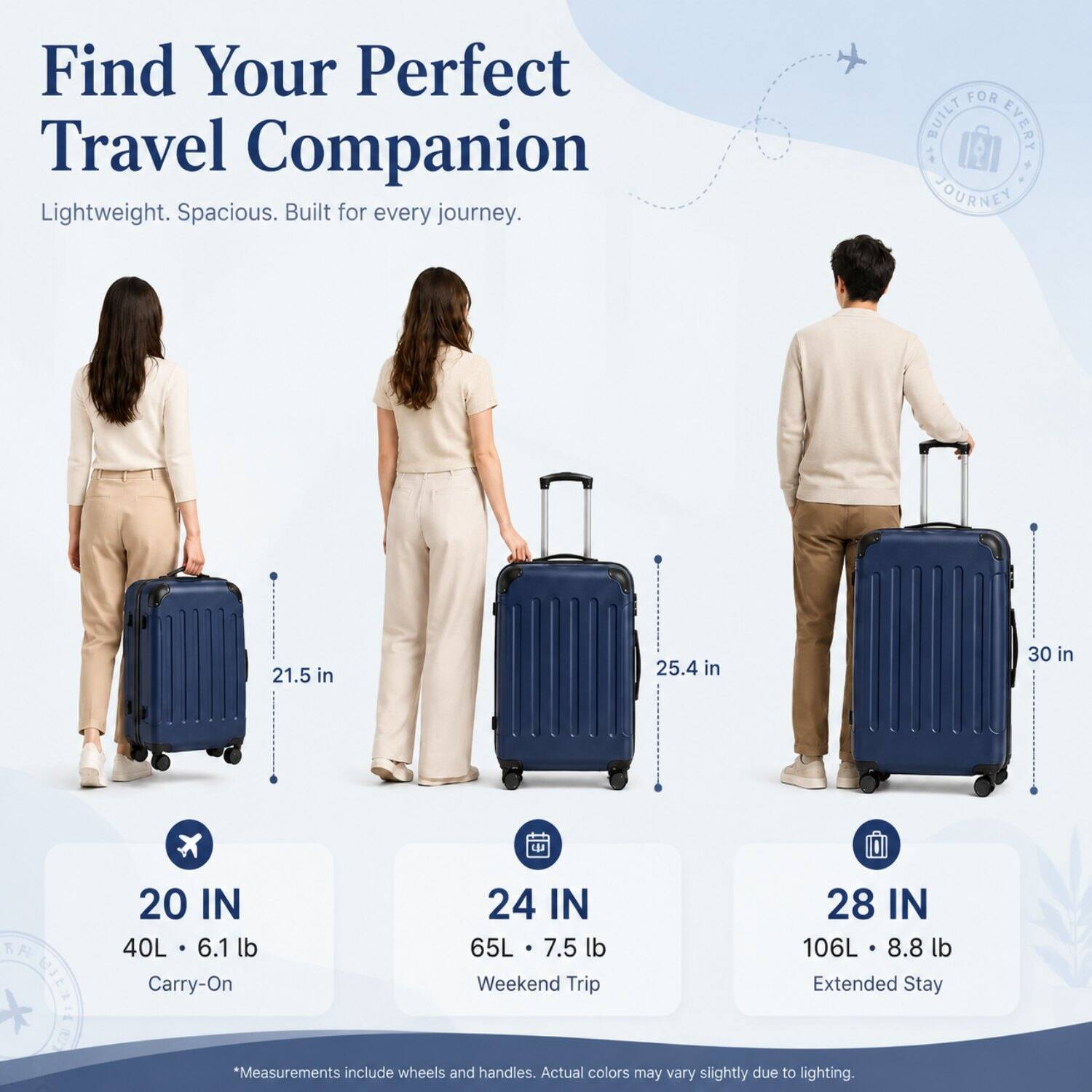 Find Your Perfect Travel Companion  
Lightweight. Spacious. Built for every journey.  

21.5 in  
25.4 in  
30 in  

20 IN  
40L • 6.1 lb  
Carry-On  

24 IN  
65L • 7.5 lb  
Weekend Trip  

28 IN  
106L • 8.8 lb  
Extended Stay  

*Measurements include wheels and handles. Actual colors may vary slightly due to lighting.