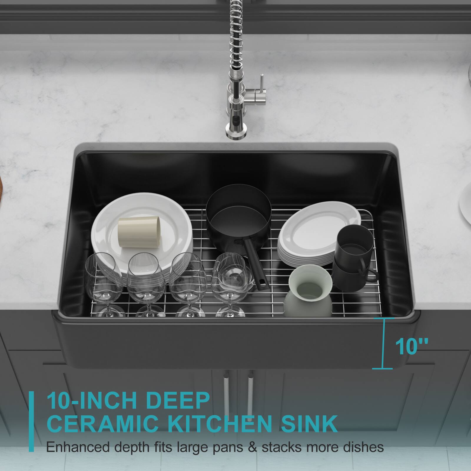 10" 10-INCH DEEP CERAMIC KITCHEN SINK  
Enhanced depth fits large pans & stacks more dishes