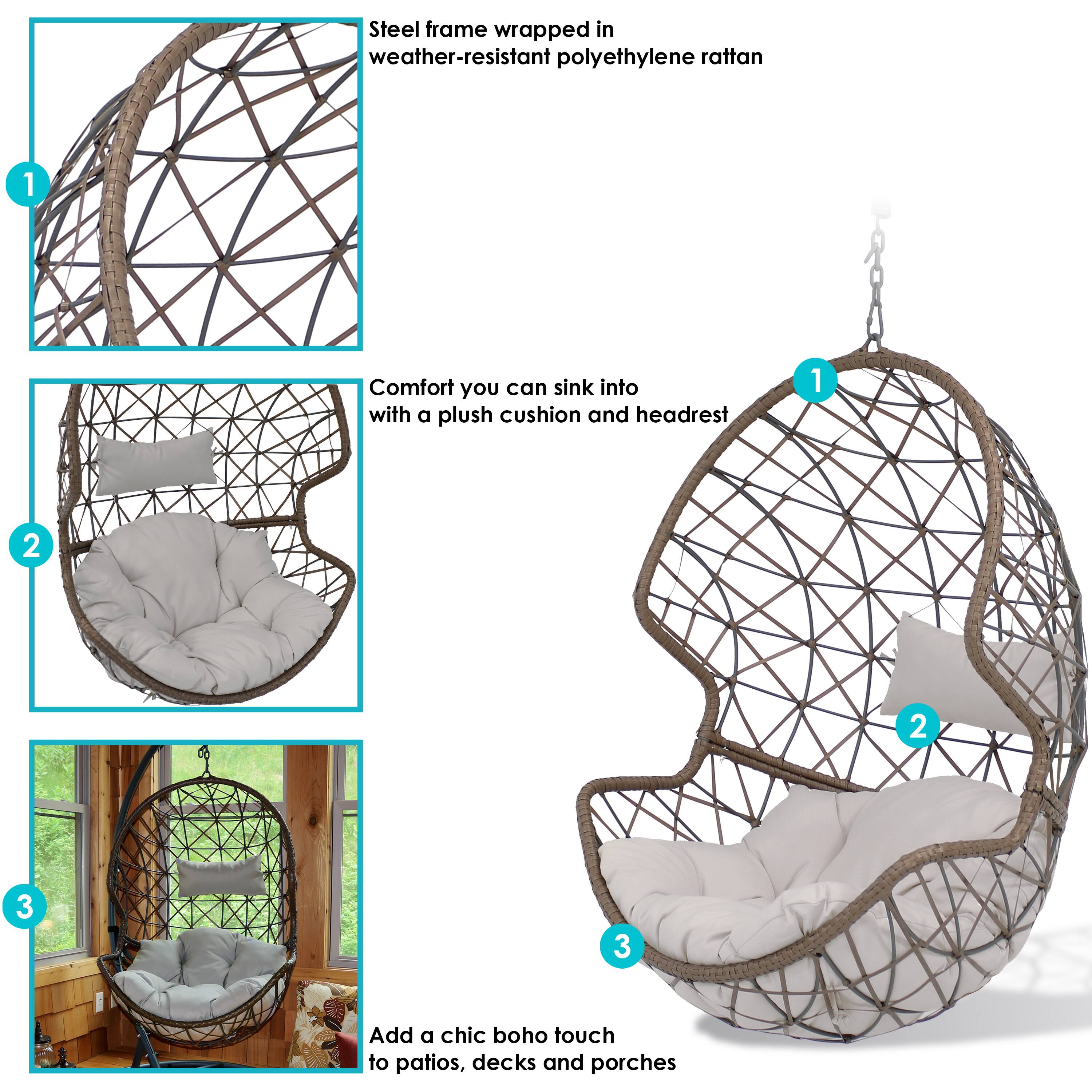 1. Steel frame wrapped in weather-resistant polyethylene rattan
2. Comfort you can sink into with a plush cushion and headrest
3. Add a chic boho touch to patios, decks, and porches