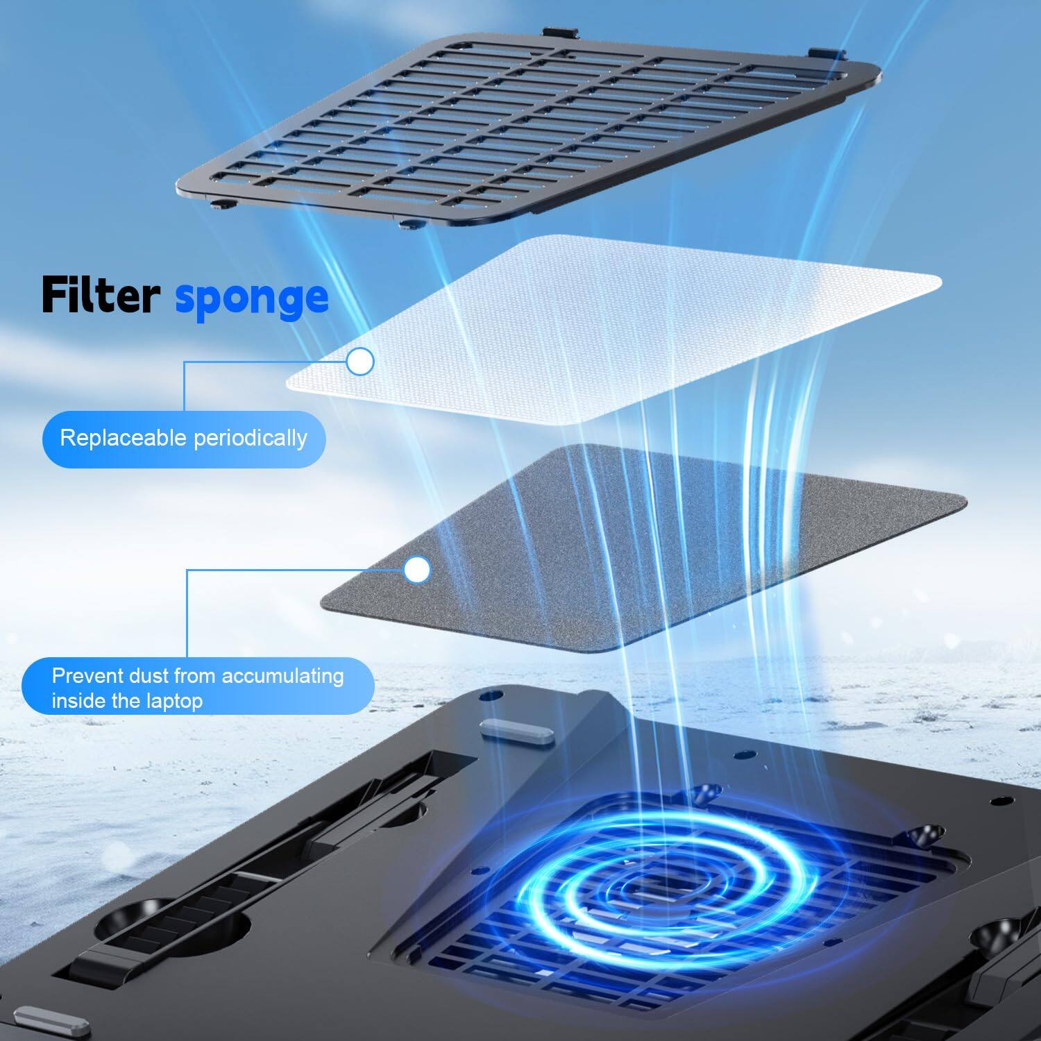 Filter sponge  
Replaceable periodically  
Prevent dust from accumulating inside the laptop