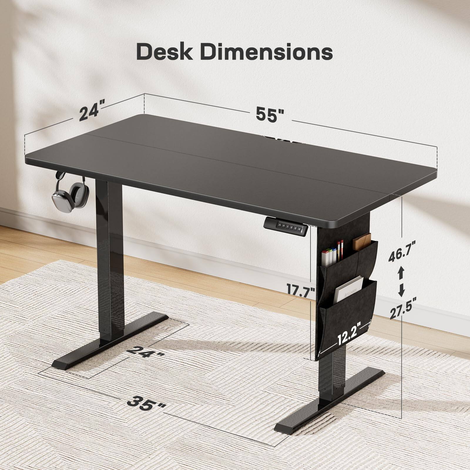 Desk Dimensions  
24" x 55" x 24"  
35" x 46.7" x 17.7"  
27.5" x 12.2"