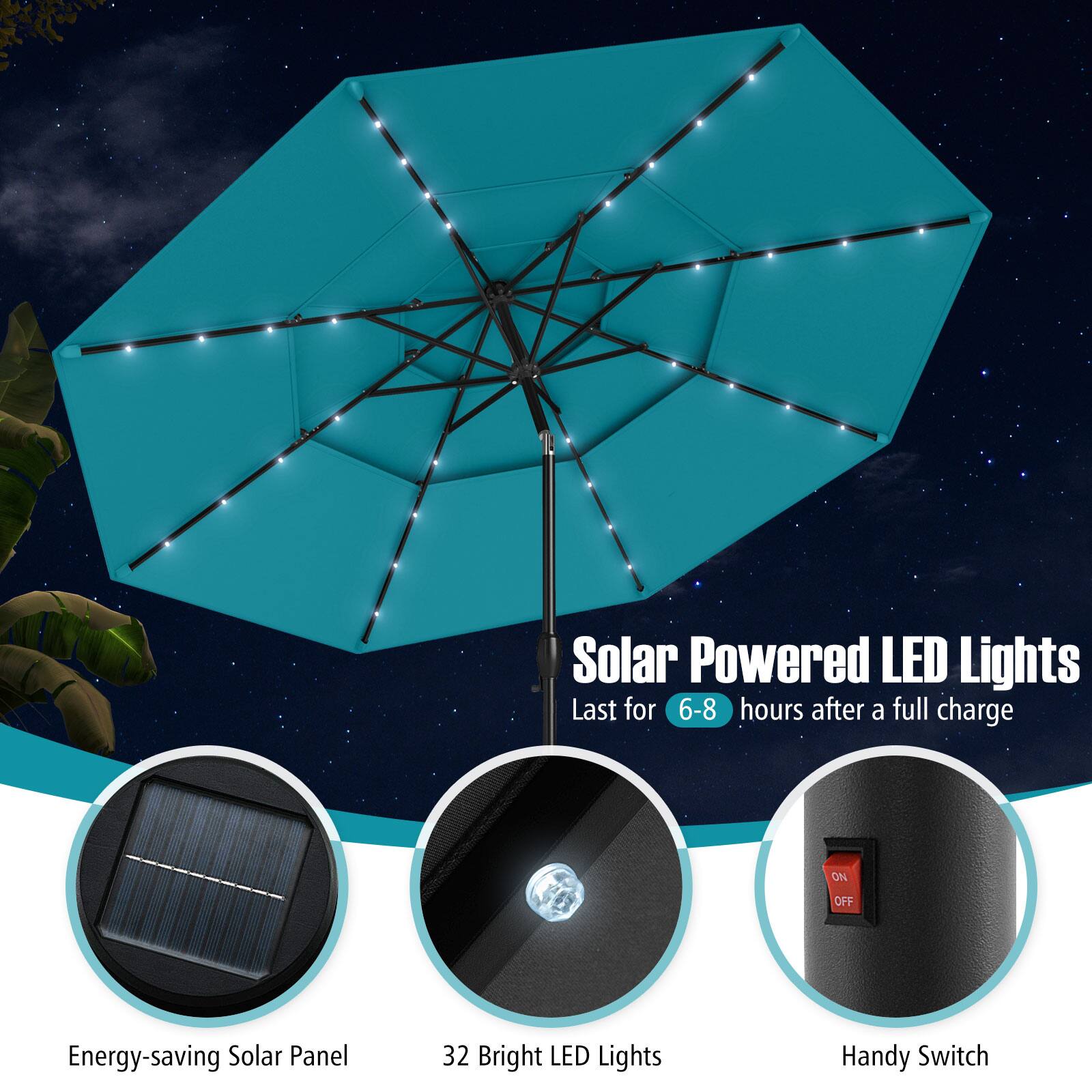 Solar Powered LED Lights, Last for 6-8 hours after a full charge, Energy-saving Solar Panel, 32 Bright LED Lights, Handy Switch