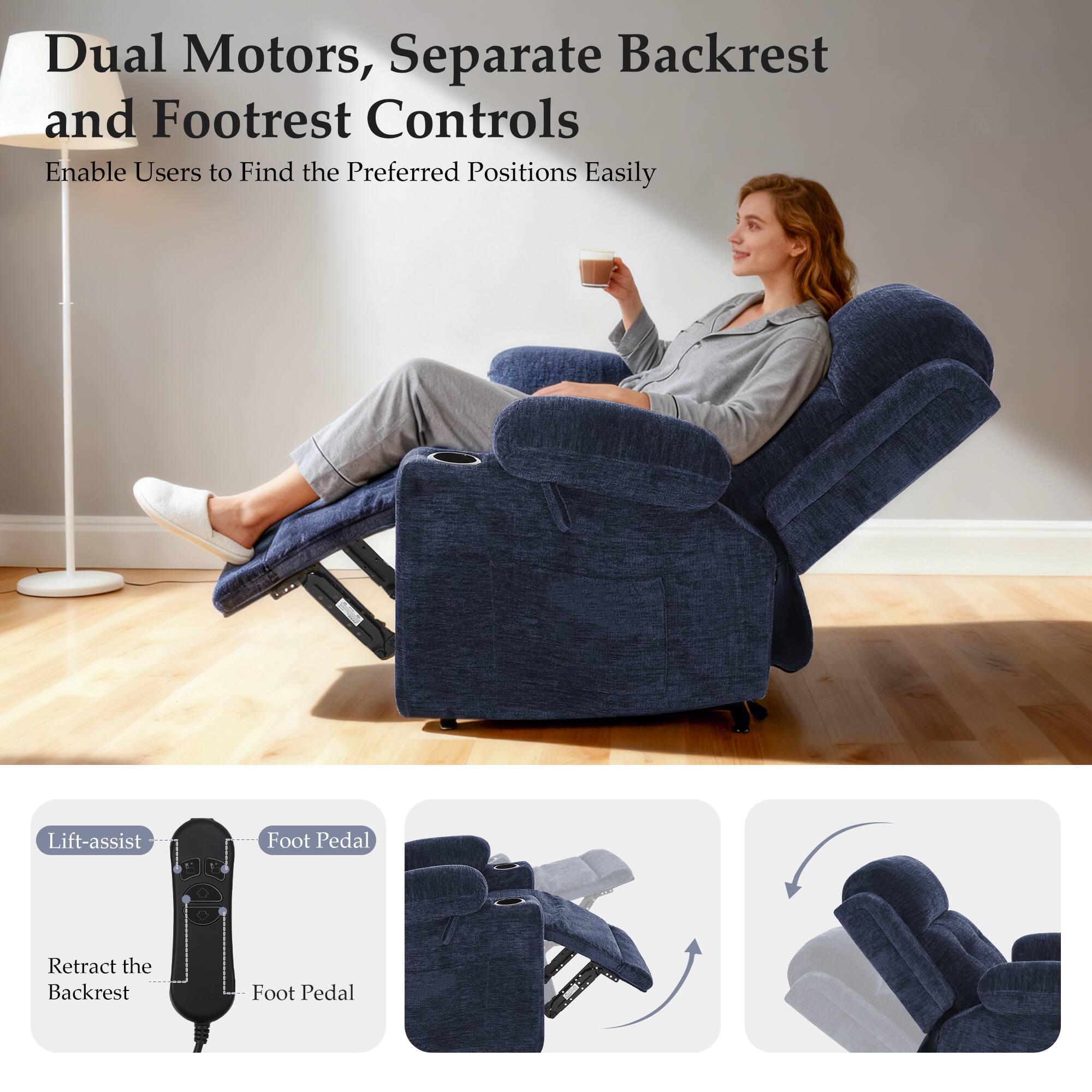 Dual Motors, Separate Backrest and Footrest Controls  
Enable Users to Find the Preferred Positions Easily

Lift-assist  
Foot Pedal  
Retract the Backrest  
Foot Pedal