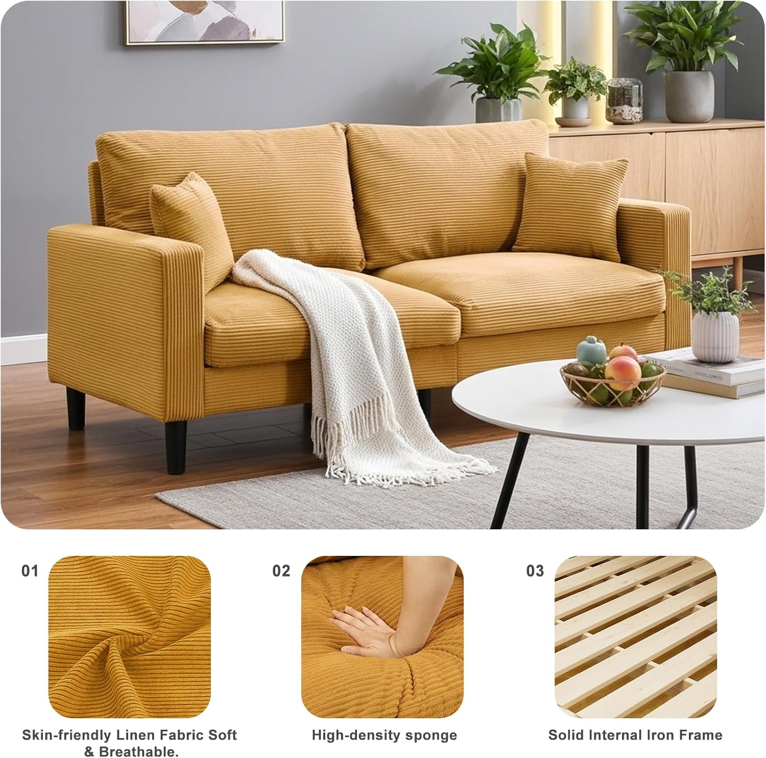 01 Skin-friendly Linen Fabric Soft & Breathable.  
02 High-density sponge  
03 Solid Internal Iron Frame