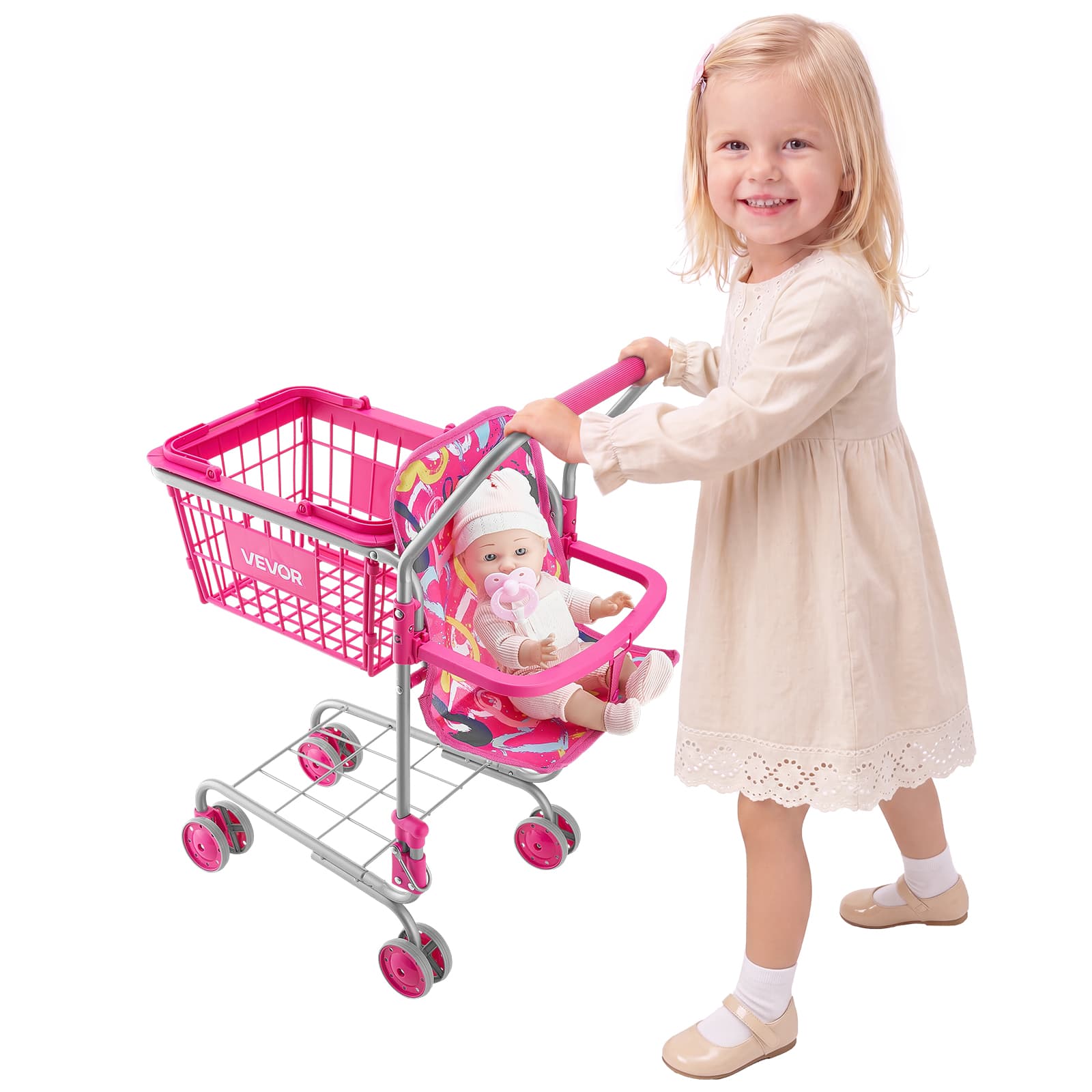 VEVOR - Shopping Cart for Kids, Sturdy Metal Frame, Toy Shopping Cart with Baby Doll, 4 Rolling Wheels, Doll Seat Carrier - Pink