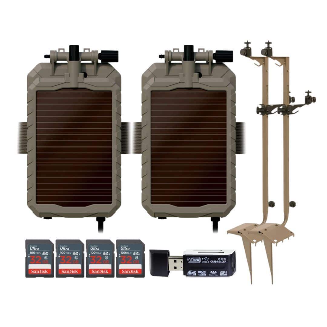 Stealth Cam - Mounting Post for Camera& Solar Pak with 12V Solar Battery Pack 32GB Memory Cards and Card Reader (2 Pack)