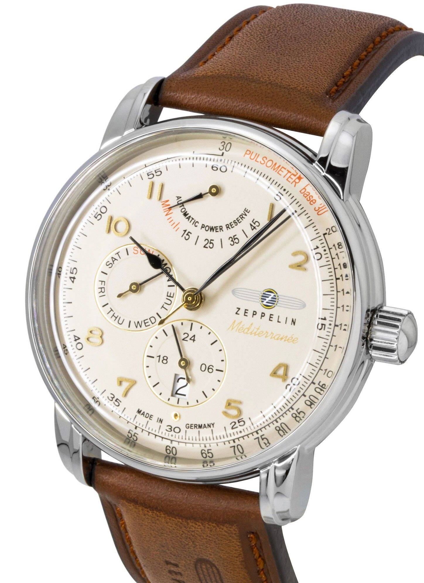 30 55 60 PULSOMETER 5 base 50 AUTOMATIC POWER RESERVE 45 20 15 - | 25 35 50 18 I 5 SAT 2 1e 40 45 - 1 FRI -1- TUE 1: THU I WED ZEPPELIN 5 10 40 8 24 Mediterranean 45 1 18 06 4 10 77 2 8 96  35 80 en MADE IN 5 85 30 GERMANY 25 80 55 75  60 65 70 80 in 85 1E