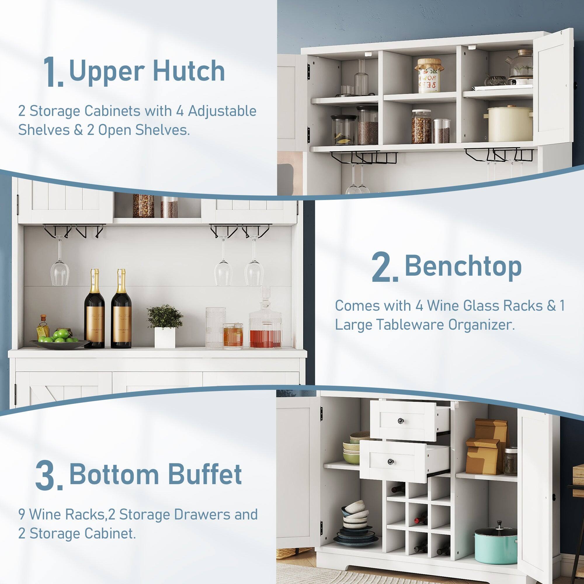 1. Upper Hutch  
2 Storage Cabinets with 4 Adjustable Shelves & 2 Open Shelves.

2. Benchtop  
Comes with 4 Wine Glass Racks & 1 Large Tableware Organizer.

3. Bottom Buffet  
9 Wine Racks, 2 Storage Drawers and 2 Storage Cabinet.