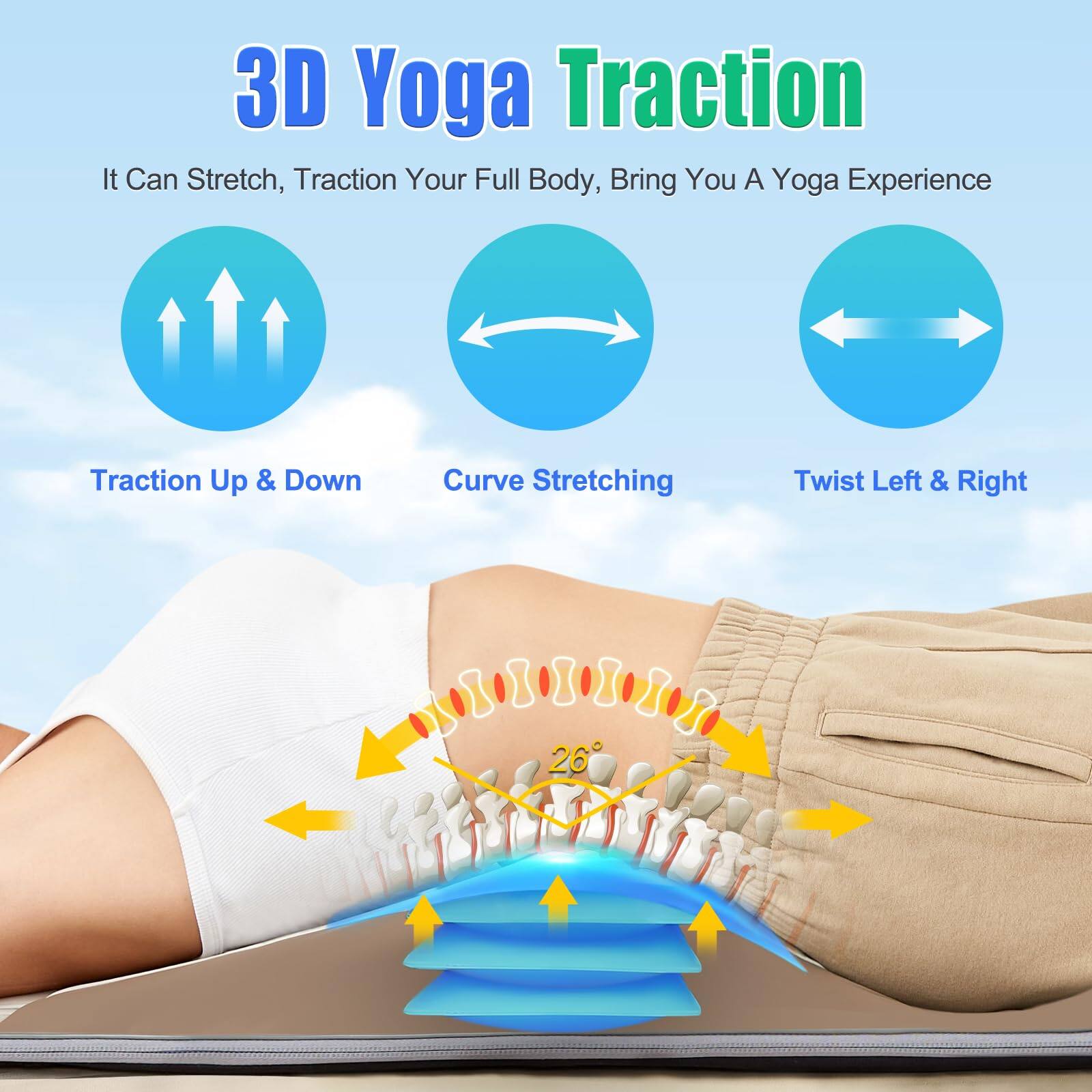 3D Yoga Traction  
It Can Stretch, Traction Your Full Body, Bring You A Yoga Experience  

- Traction Up & Down  
- Curve Stretching  
- Twist Left & Right  

26°