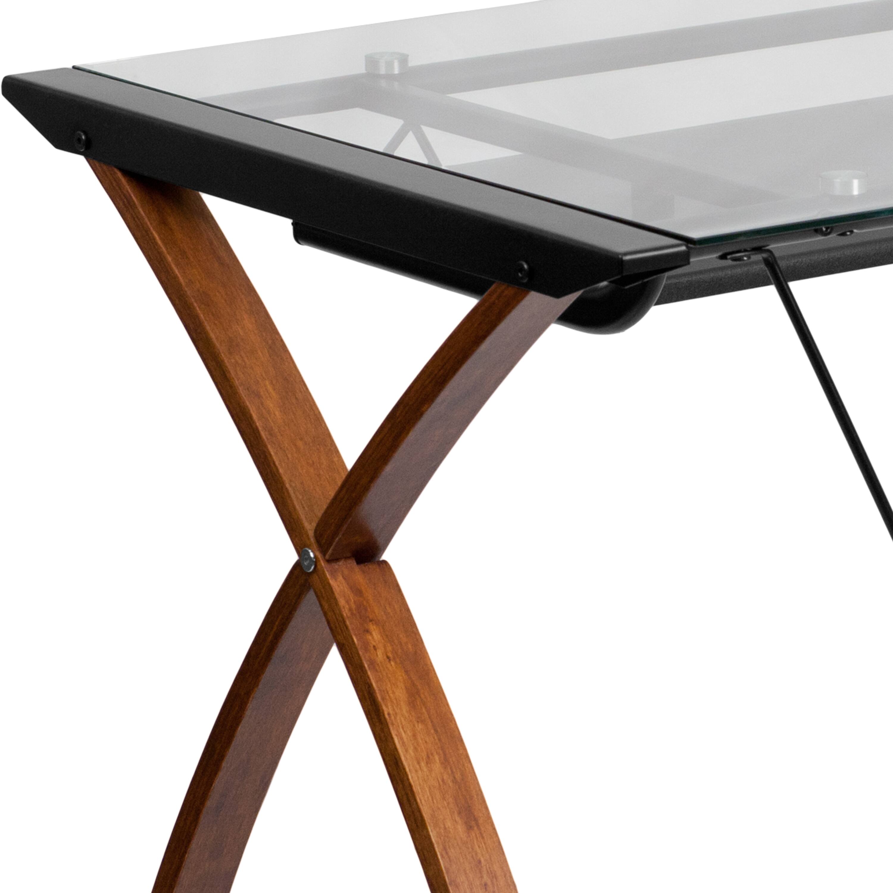 Alt View 5. Emma + Oliver - Glass Computer Desk-Pull-Out Keyboard Tray & Crisscross Frame - Clear Top/Cherry Frame.