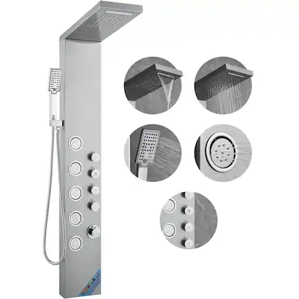 Front. VEVOR - Shower Panel System, 4 Shower Modes Shower Panel Tower, Rainfall, Waterfall, 5 Full Body Massage Jets - Silver.