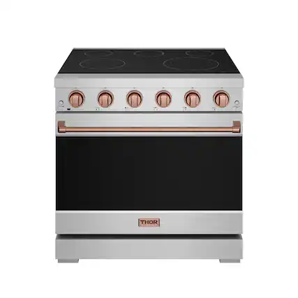Front. Thor Kitchen - Gordon Ramsay Series by Thor Kitchen 6.0 Cu. Ft Freestanding Electric Range with Rose Gold Hardware - Stainless Steel.