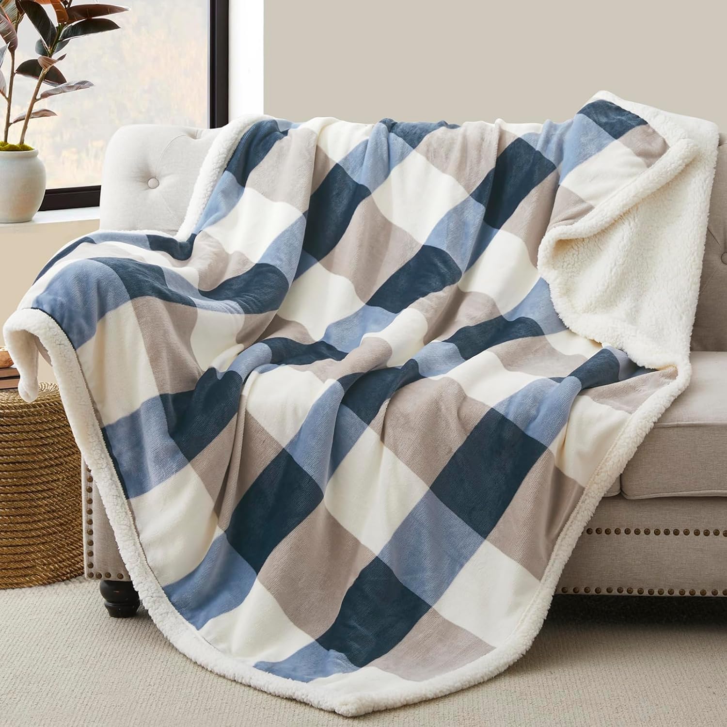 Alt View 5. ThinkLink Electronic - Sherpa Blanket Fleece Throw For Couch  Flannel Cozy Thick Warm Soft Bed Gray-soft Blue 60x80 Inches - Beige-1 60"*80" Checkered.