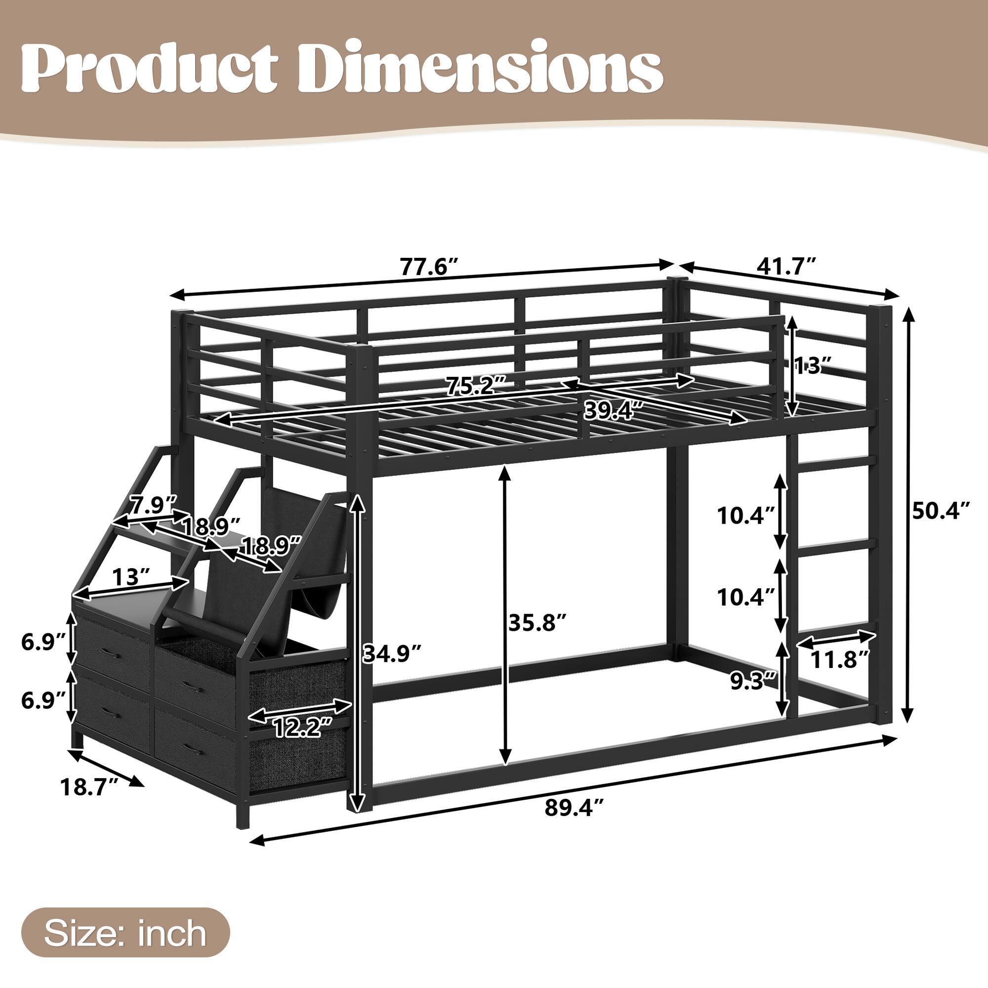 Product Dimensions: 77.6" x 41.7" x 75.2" x 39.4" x 13" x 6.9" x 6.9" x 7.9" x 18.9" x 18.9" x 13" x 34.9" x 12.2" x 35.8" x 10.4" x 10.4" x 9.3" x 11.8" x 50.4" x 18.7" x 89.4"  
Size: inch