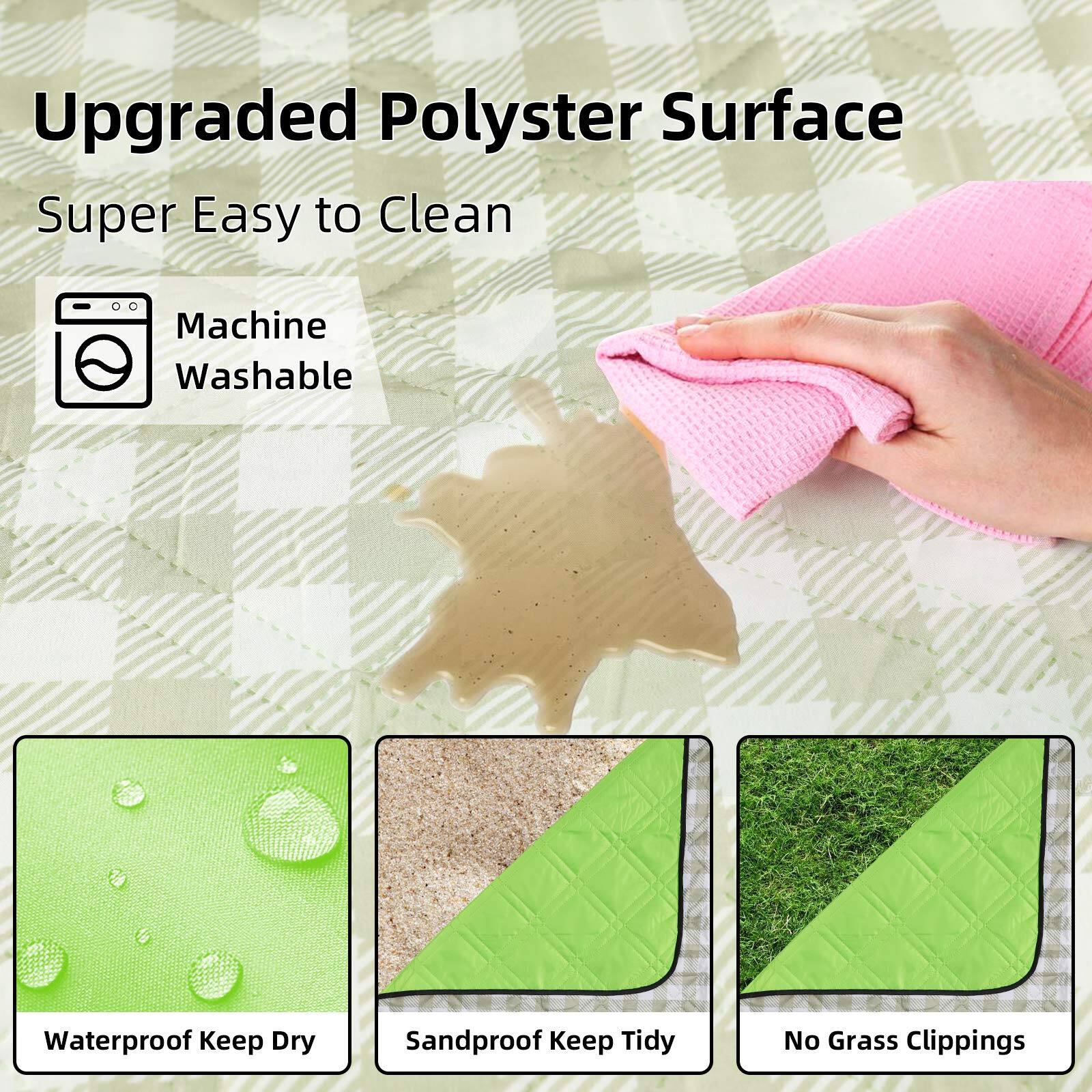 Upgraded Polyester Surface

Super Easy to Clean

Machine Washable

Waterproof Keep Dry

Sandproof Keep Tidy

No Grass Clippings