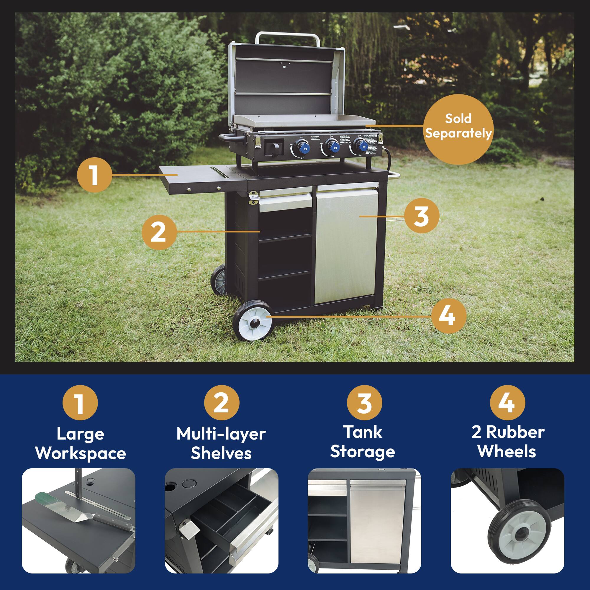 1. Large Workspace
2. Multi-layer Shelves
3. Tank Storage
4. 2 Rubber Wheels

Sold Separately