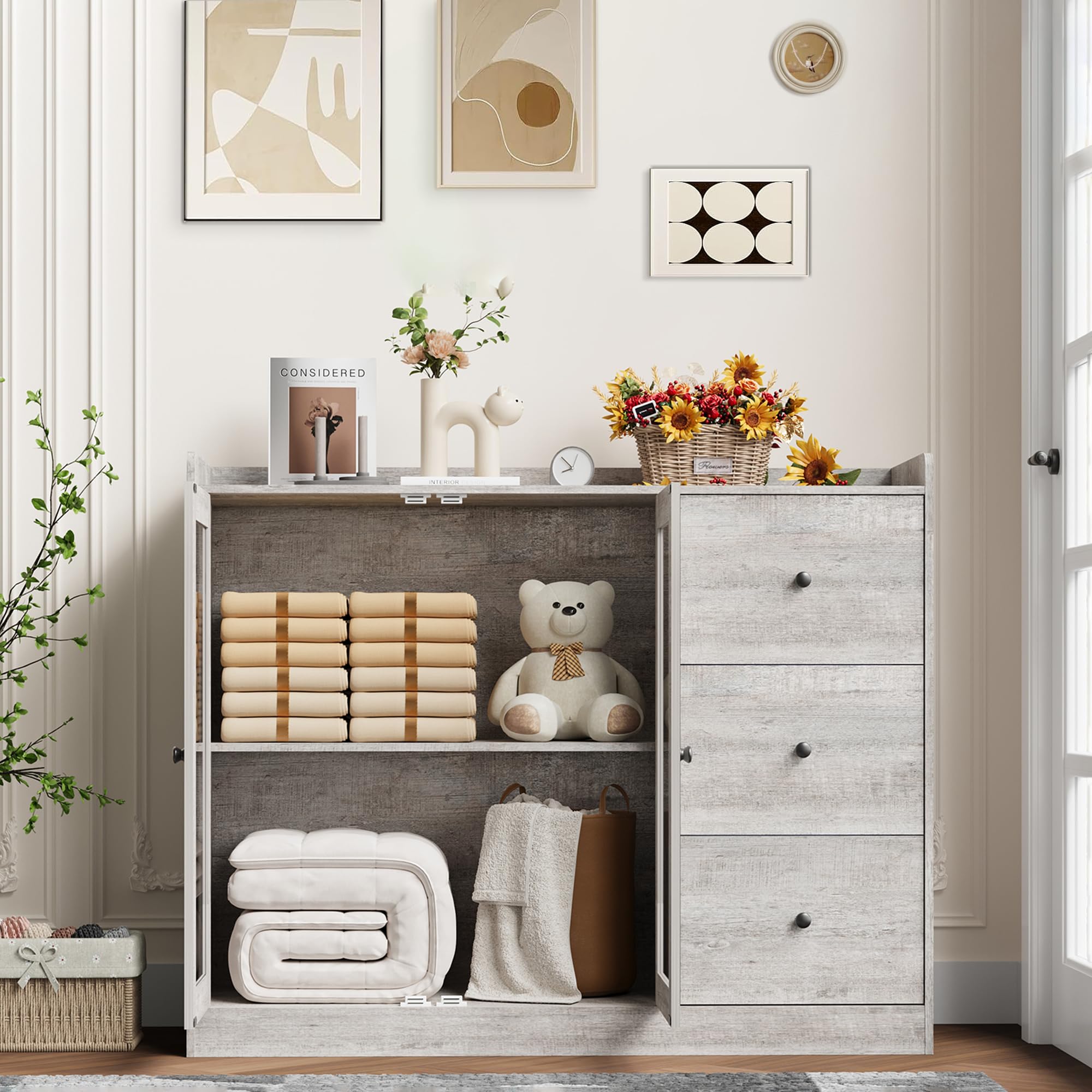 Front. Homhougo - Sideboard Buffet Cabinet with Storage, 43" Coffee Bar Cabinet with Glass Doors and 3 Drawers - Gray.