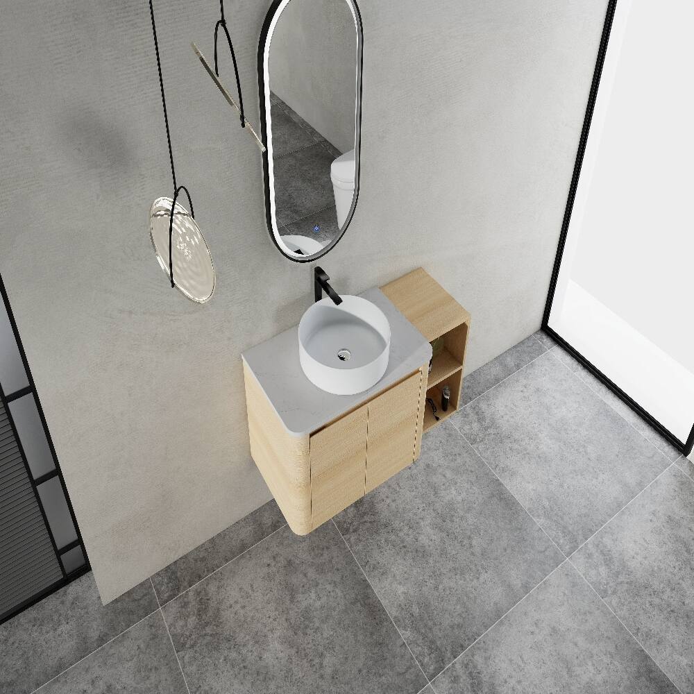 Alt View 1. Loheer - 42 inch wall mounted bathroom vanity with ceramic art sink, modern floating vanity with storage shelves - American White Oak.