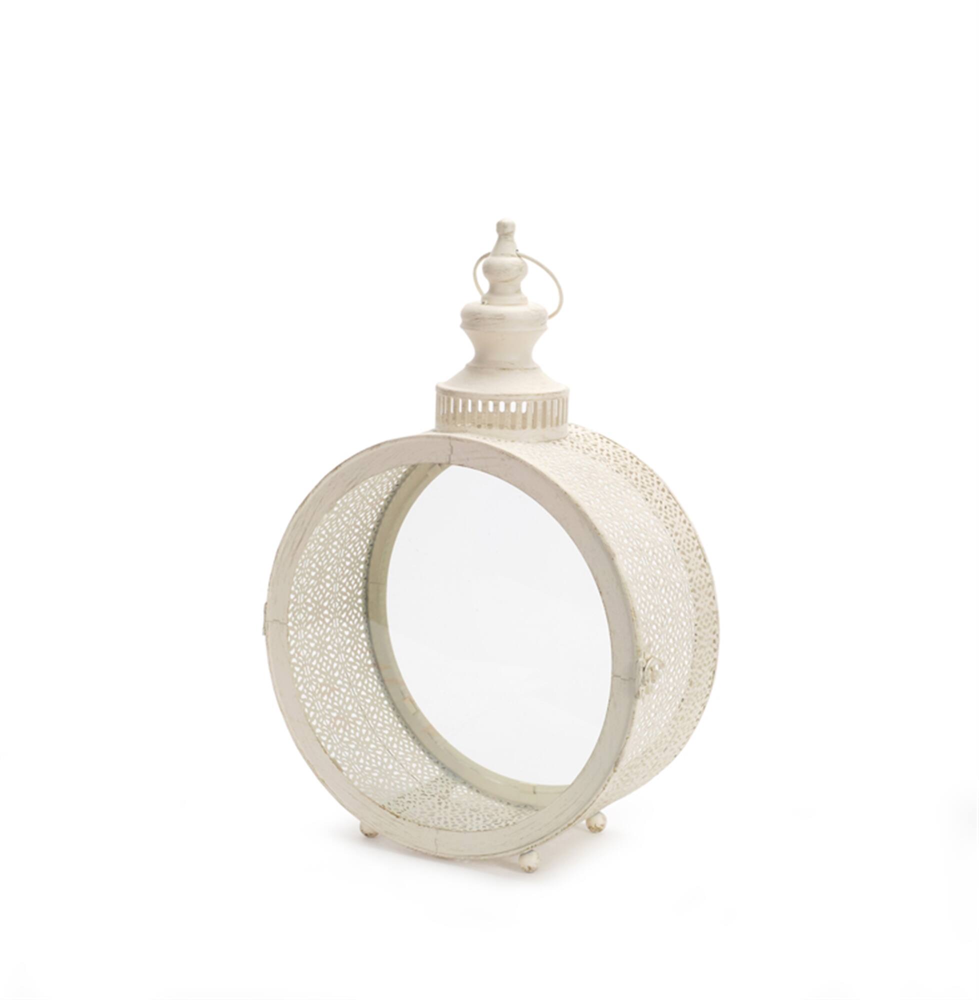 Front. BreeBe - Ivory Ornate Metal Circle Lantern 17.5"D - Beige.