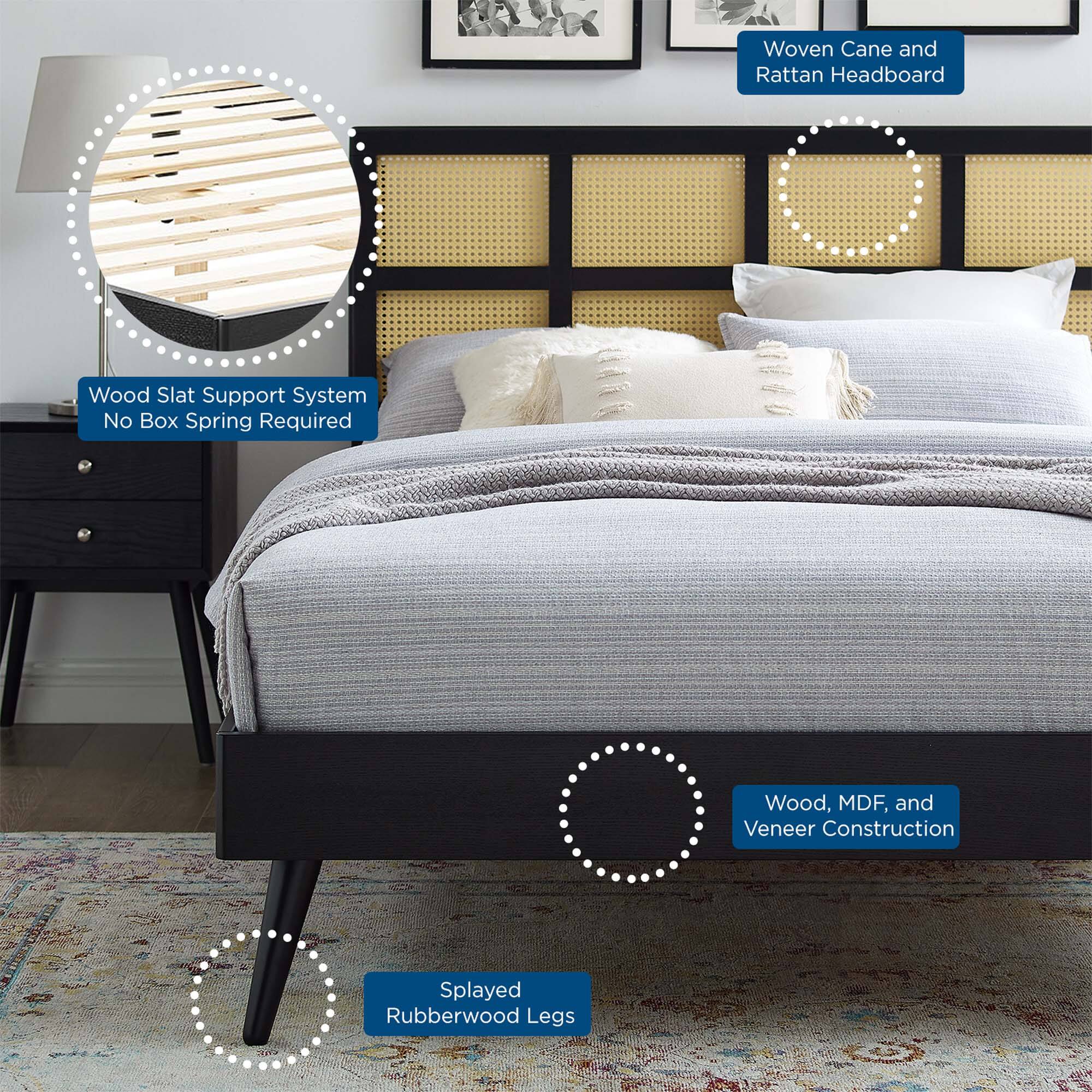 - Woven Cane and Rattan Headboard
- Wood Slat Support System
  No Box Spring Required
- Wood, MDF, and Veneer Construction
- Splayed Rubberwood Legs