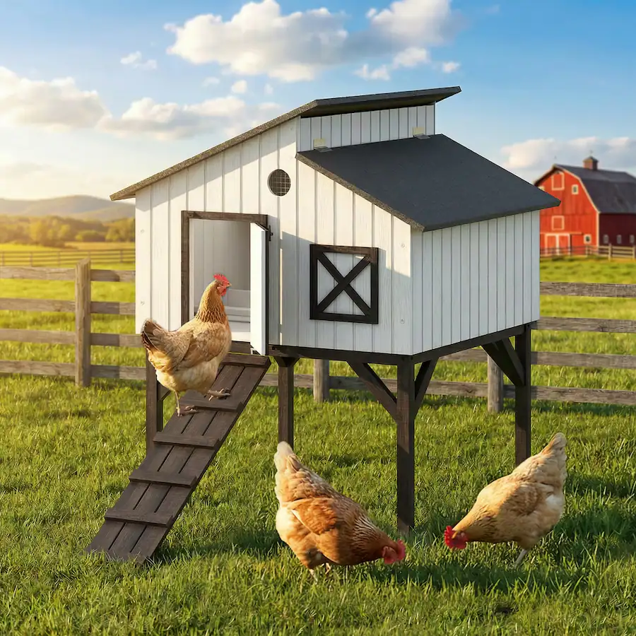 Model Walk In Ramp Pawhut Coop Hen House with Nesting Box, Elevated Rabbit Hutch with Ramp ...