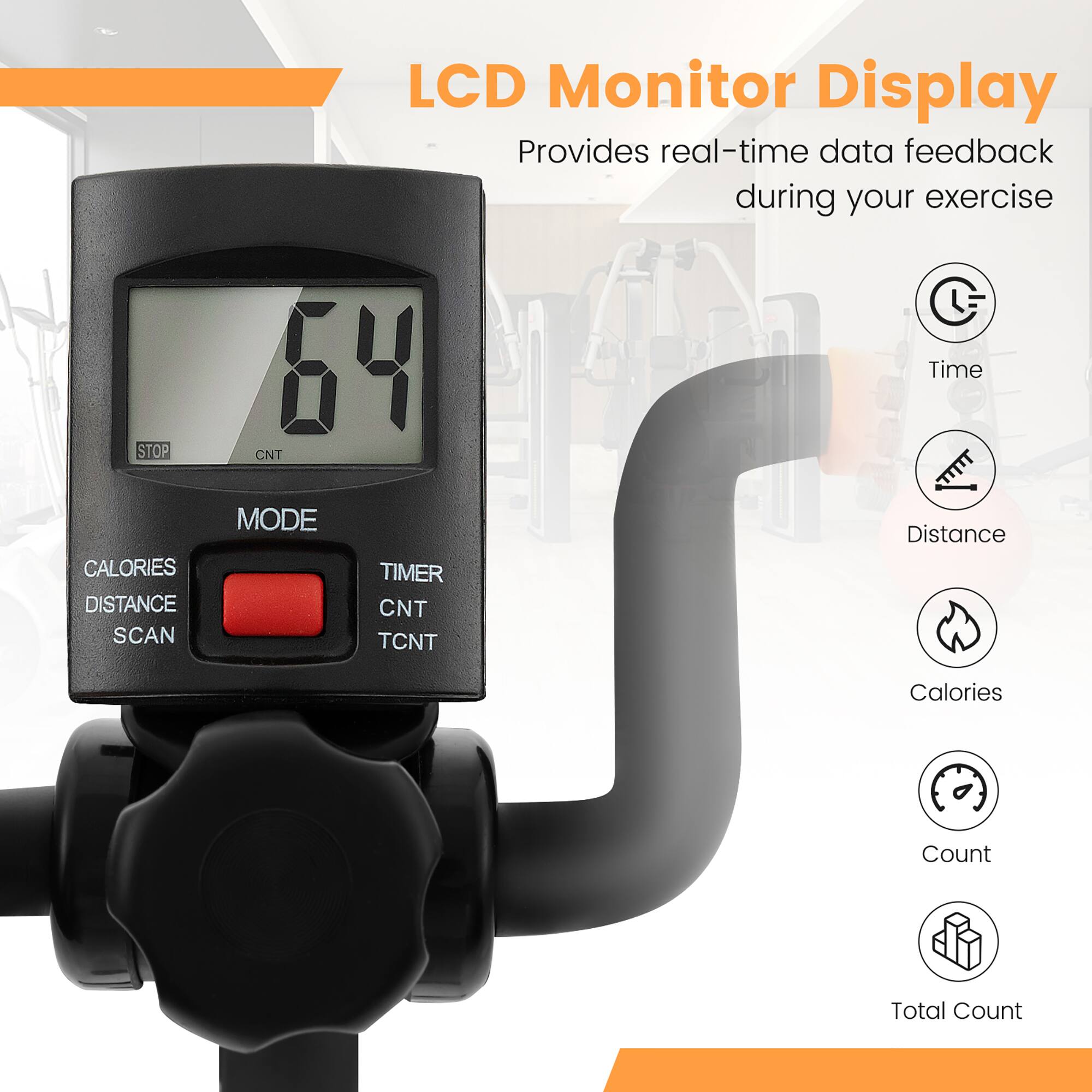 The image features a close-up of an LCD monitor display, which provides real-time data feedback during exercise. The display shows the time, distance, and calories burned during the workout. The device is designed to help users track their progress and monitor their performance during their exercise routines.