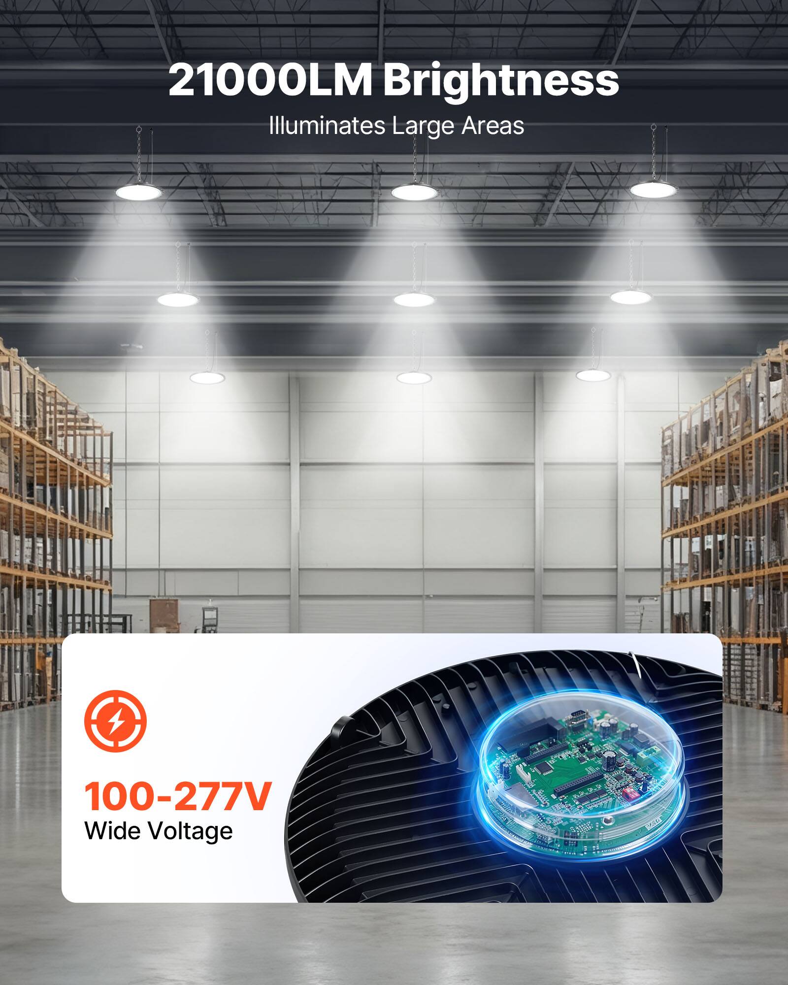 21000LM Brightness Illuminates Large Areas  
100-277V Wide Voltage