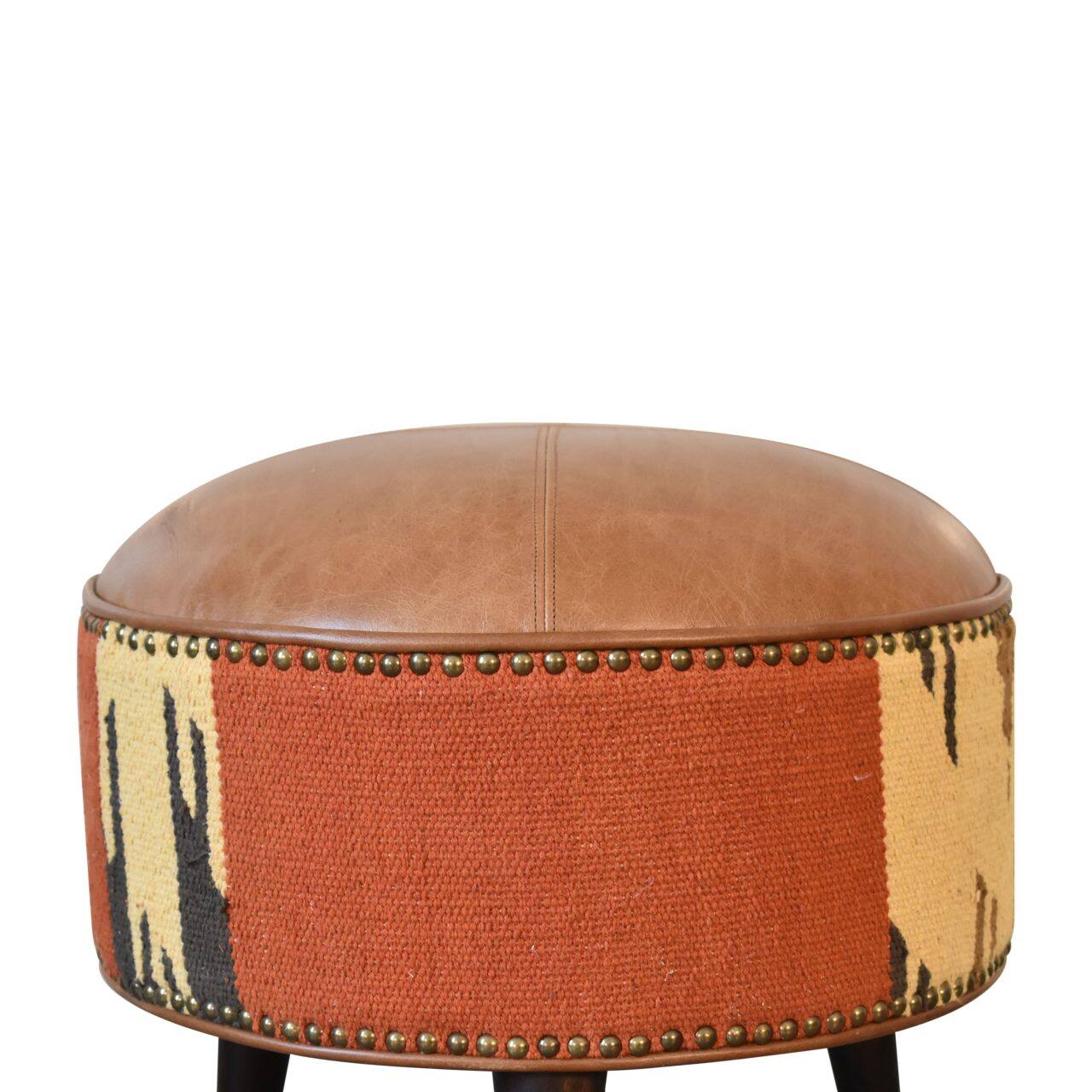 Back. Artisan Furniture - Artisan Furniture Solid Wood Durrie & Leather Mixed Footstool - Brown.