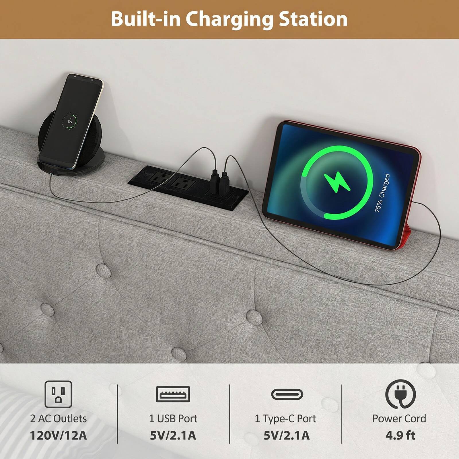Built-in Charging Station  
Charged 75%  
2 AC Outlets 120V/12A  
1 USB Port 5V/2.1A  
1 Type-C Port 5V/2.1A  
Power Cord 4.9 ft