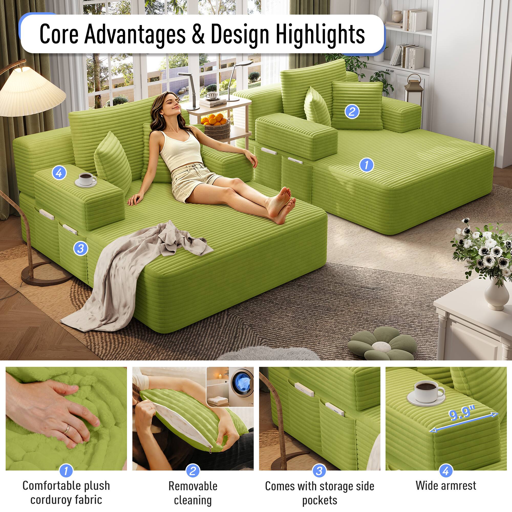 Core Advantages & Design Highlights

1. Comfortable plush corduroy fabric
2. Removable cleaning
3. Comes with storage side pockets
4. Wide armrest

9.9"