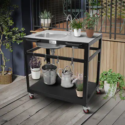 Front. FEASTO - Outdoor Kitchen Table Cart - Black.