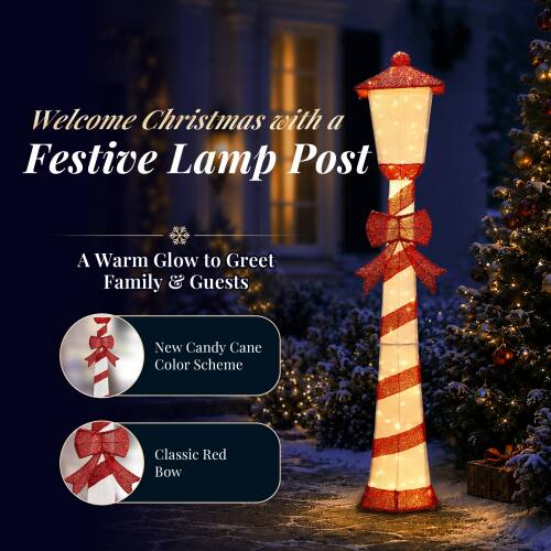 Welcome Christmas with a Festive Lamp Post  
A Warm Glow to Greet Family & Guests  
New Candy Cane Color Scheme  
Classic Red Bow