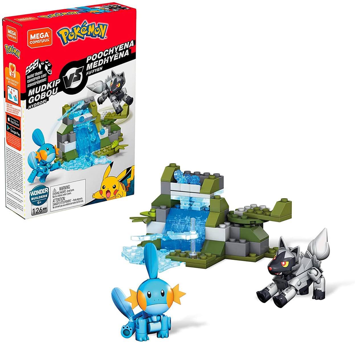 Mega Construx  
Pokémon  
Mega Construx  
Poochena Medhyena vs. Mudkip Gobou Hydrol  
Wonder Builders  
126 pieces  
6+  
Warning: Choking Hazard - Small parts. Not for children under 3 years.  
Attention: Peuvent présenter un danger d'étouffement - petites pièces. Ne convient pas aux enfants de moins de 3 ans.