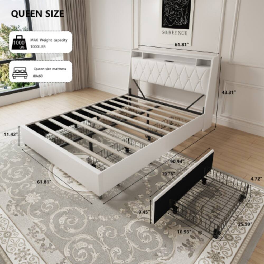 QUEEN SIZE  
MAX Weight capacity 1000 LBS  
Queen size mattress 80x50  

SOIREE NUE  
61.81"  
43.31"  
11.42"  
90.94"  
39.76"  
4.72"  
9.45"  
16.93"  
25.59"