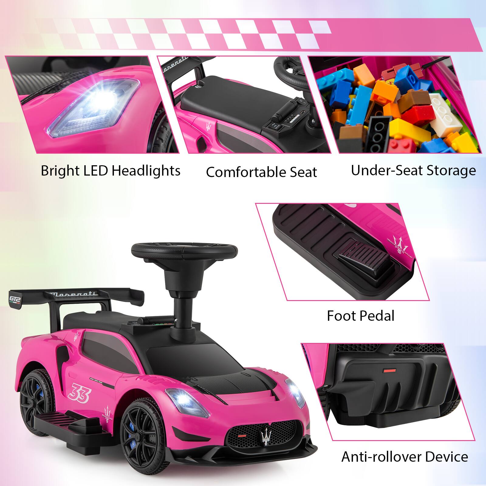 - Bright LED Headlights
- Comfortable Seat
- Under-Seat Storage
- Foot Pedal
- Anti-rollover Device