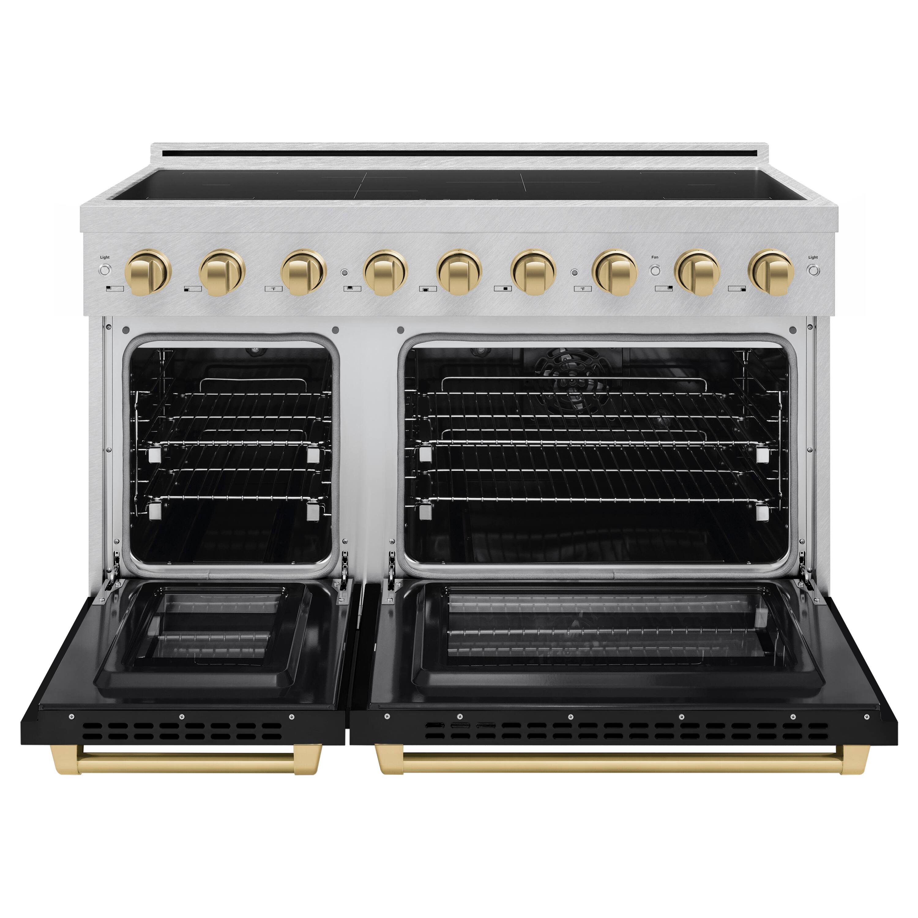 Angle. ZLINE - Autograph 48 in. 6.7 cu. ft. Paramount Freestanding Induction Range in Satin Steel with Black Doors and Bronze Accents - Matte Black.