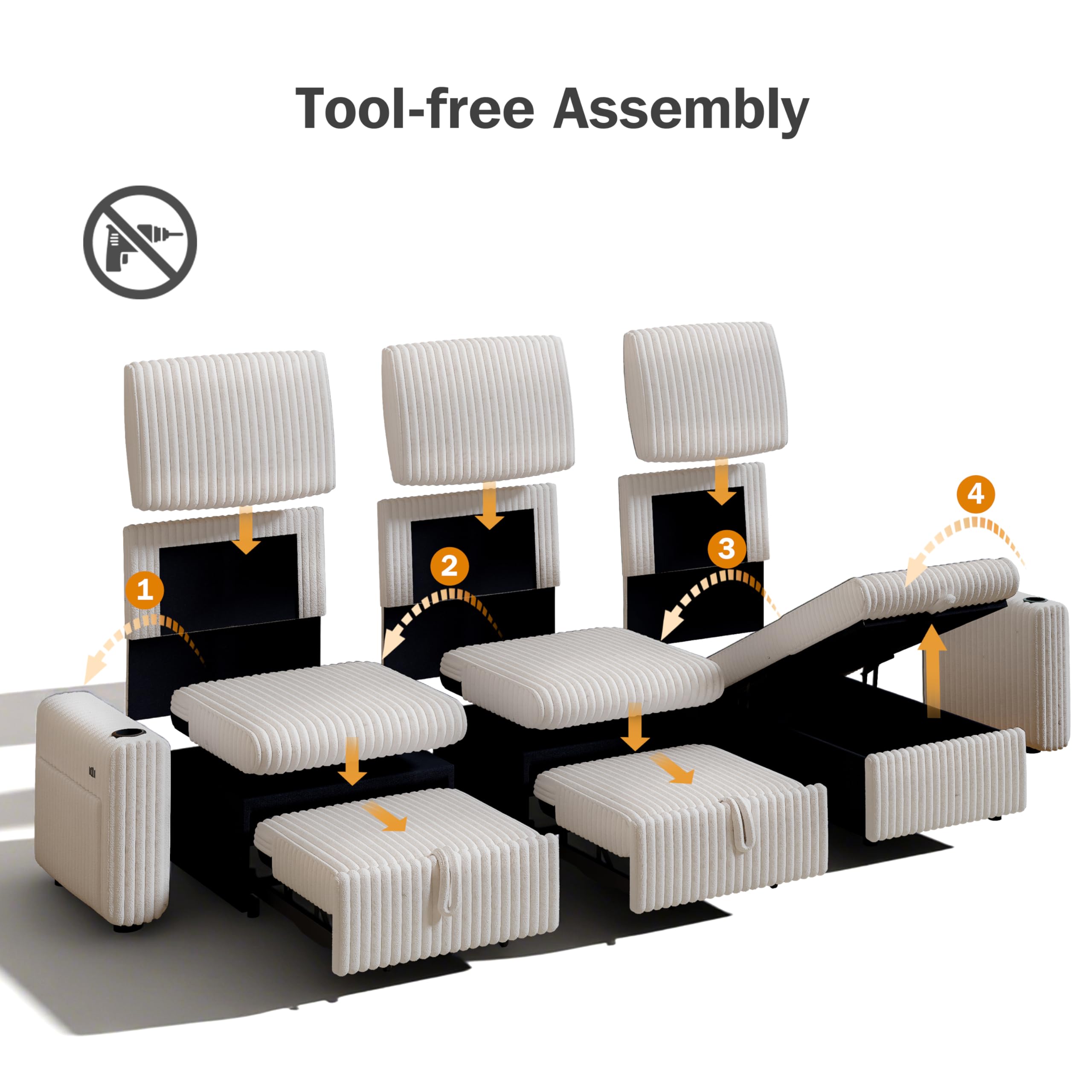 Tool-free Assembly

1. Place the base.
2. Attach the seat.
3. Add the backrest.
4. Install the headrest.