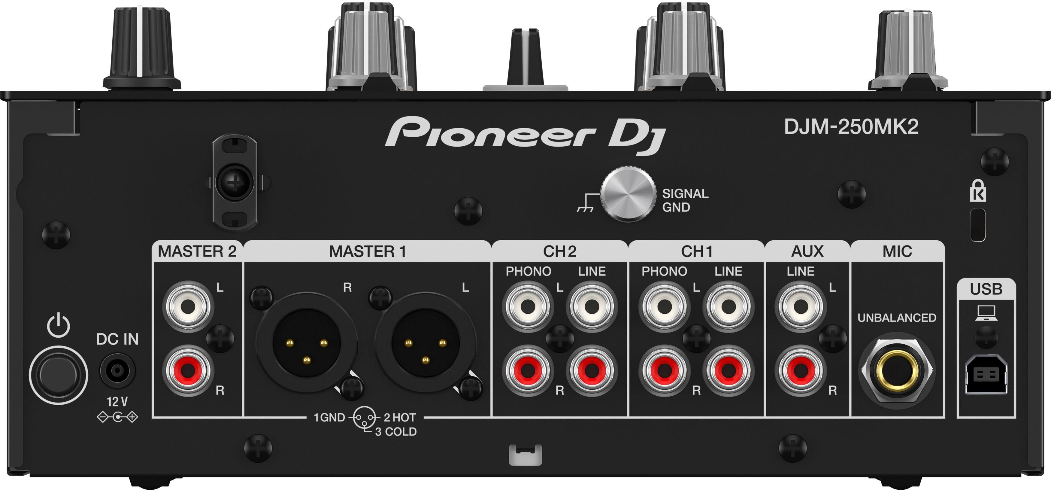 Pioneer DJ DJM-250MK2  
SIGNAL GND  
MASTER 2 L MASTER 1 R  
L CH2 PHONO LINE L CH1 PHONO LINE L AUX LINE L MIC USB  
DC IN UNBALANCED + 12V  
R 1GND 2 HOT 3 COLD