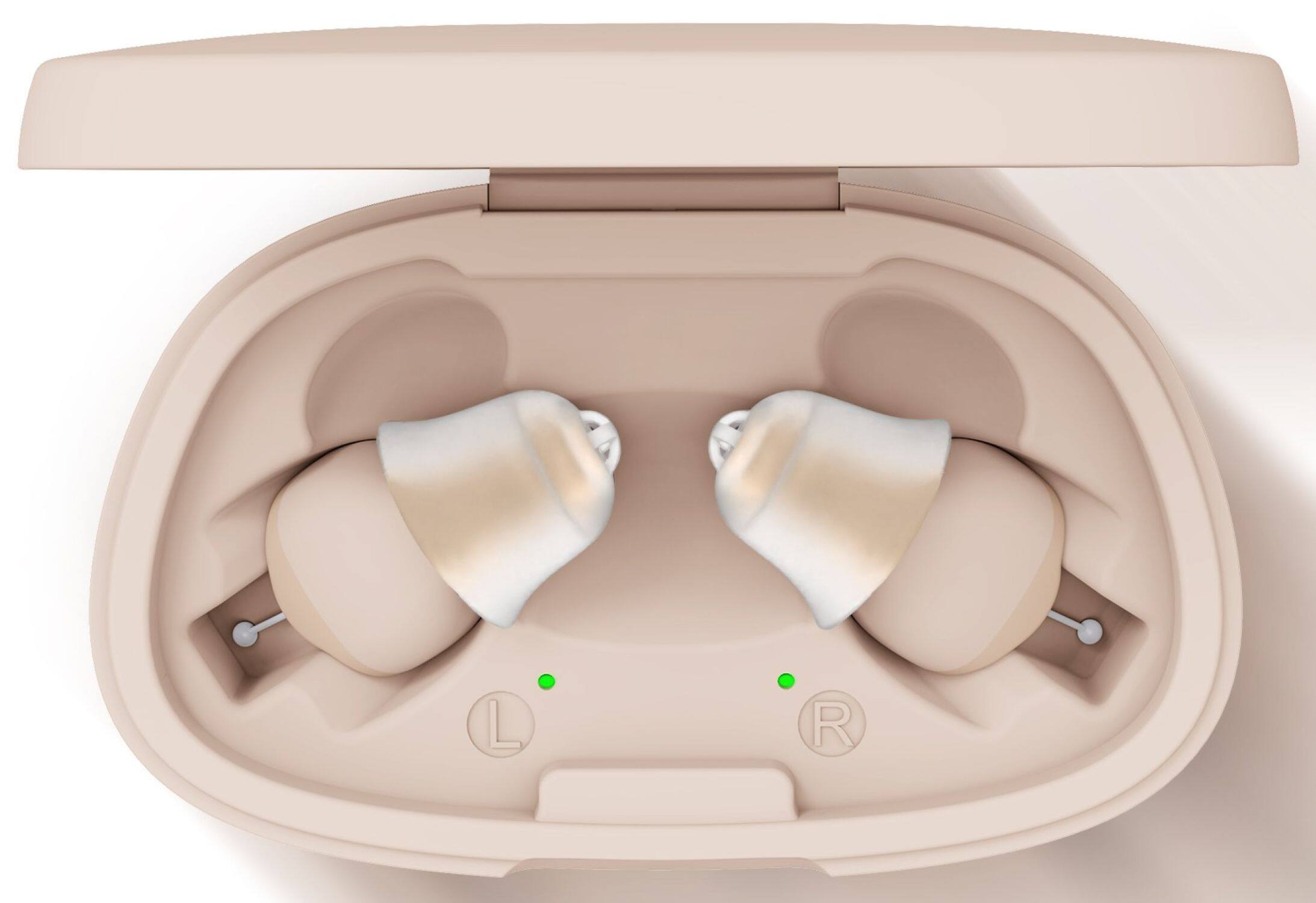 Angle. LINNER - LINNER Saturn 2 OTC Rechargeable Hearing Aids for Seniors, Discreet & Noise-Canceling - Beige Gold.