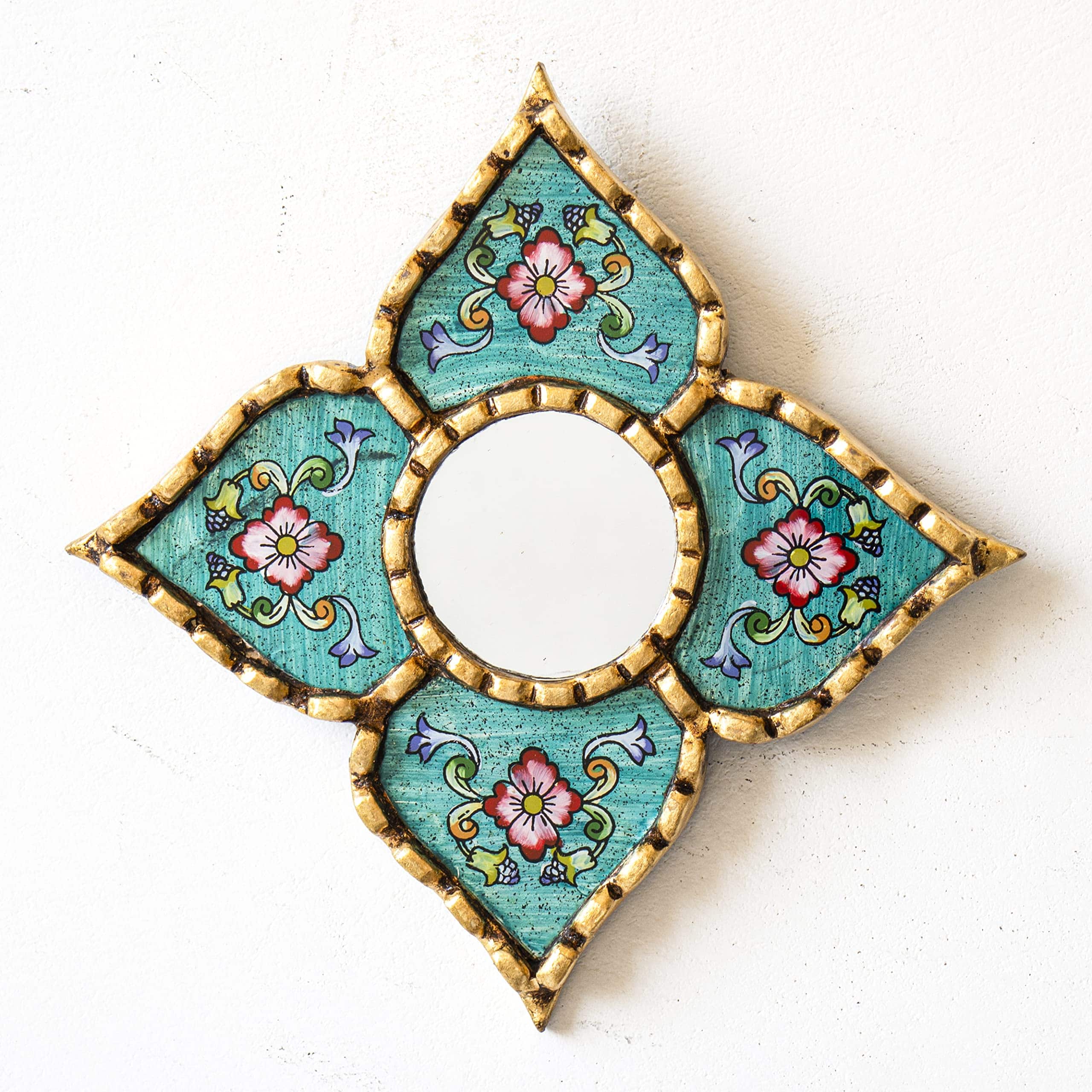 TECH SAFARI - Peruvian Artisan Mirror For Wall Decor Small Diamond square With Leaf Frame - Turquoise