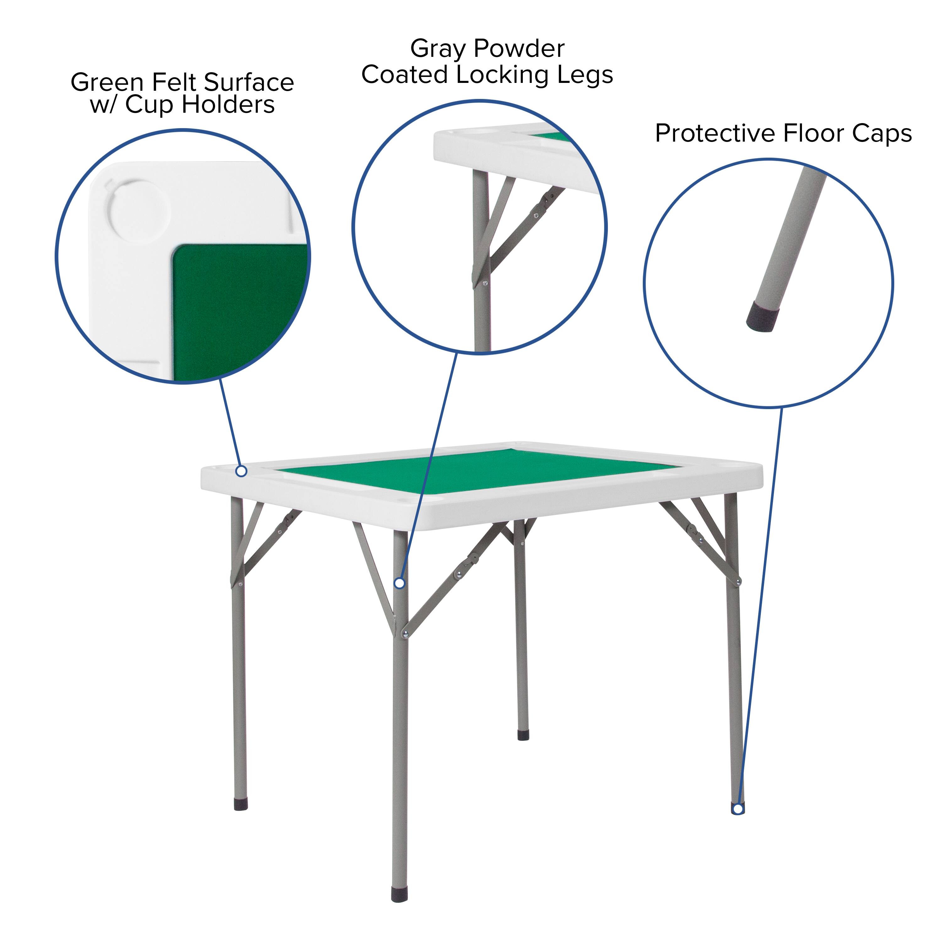 Green Felt Surface w/ Cup Holders  
Gray Powder Coated Locking Legs  
Protective Floor Caps