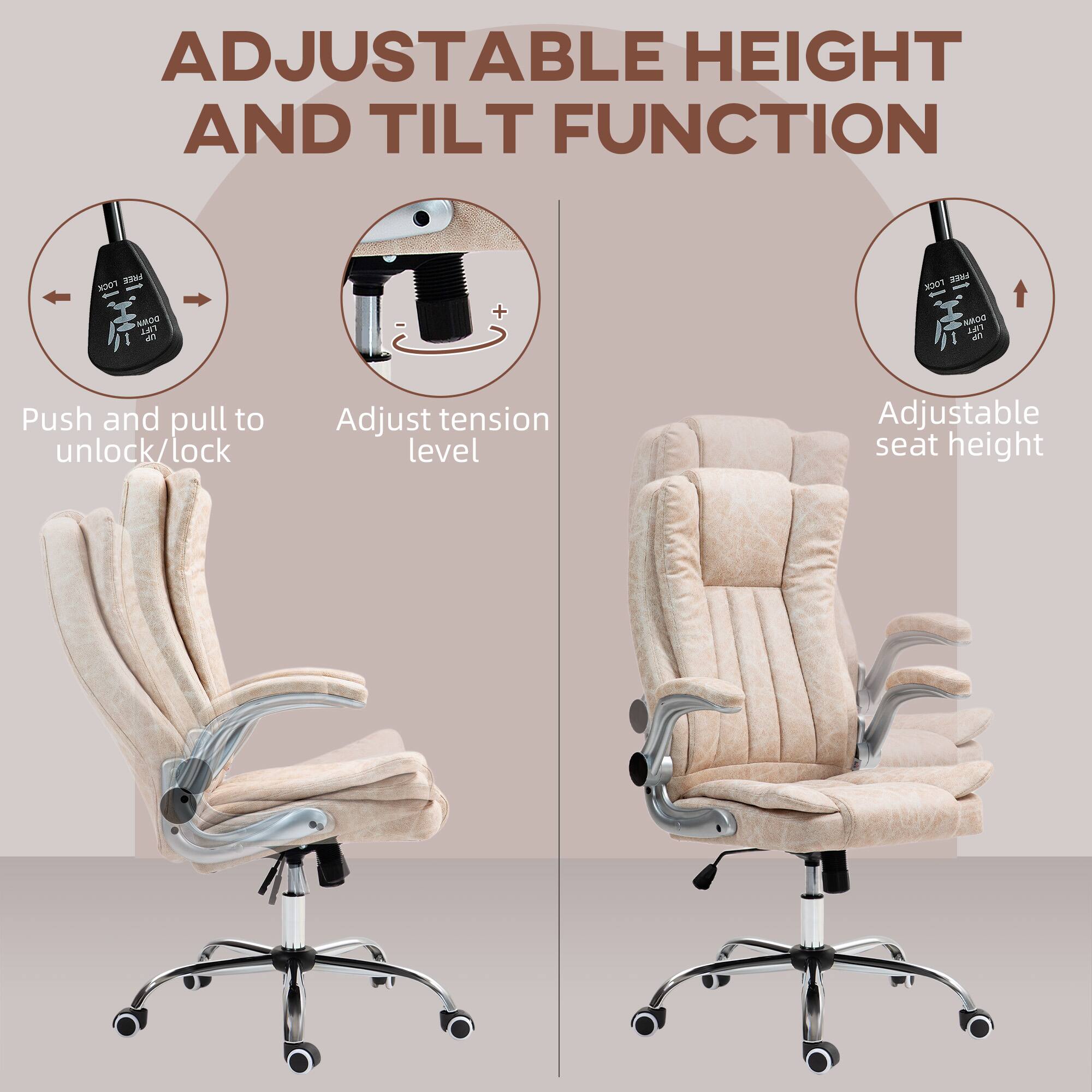 ADJUSTABLE HEIGHT AND TILT FUNCTION

Push and pull to unlock/lock
Adjust tension level
Adjustable seat height