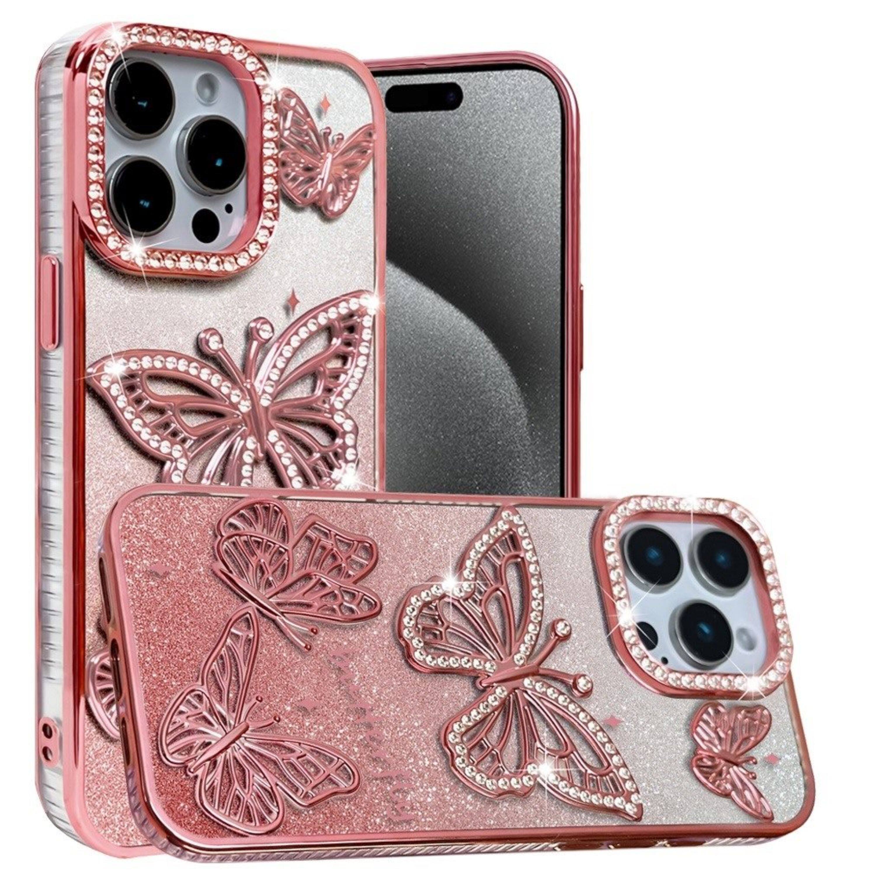 Angle. Kitcheniva - Bling Butterflies 3D Glitter Cover Plus Tempered Glass For iPhone 15 Pro Max Rose Gold - Rose Gold.