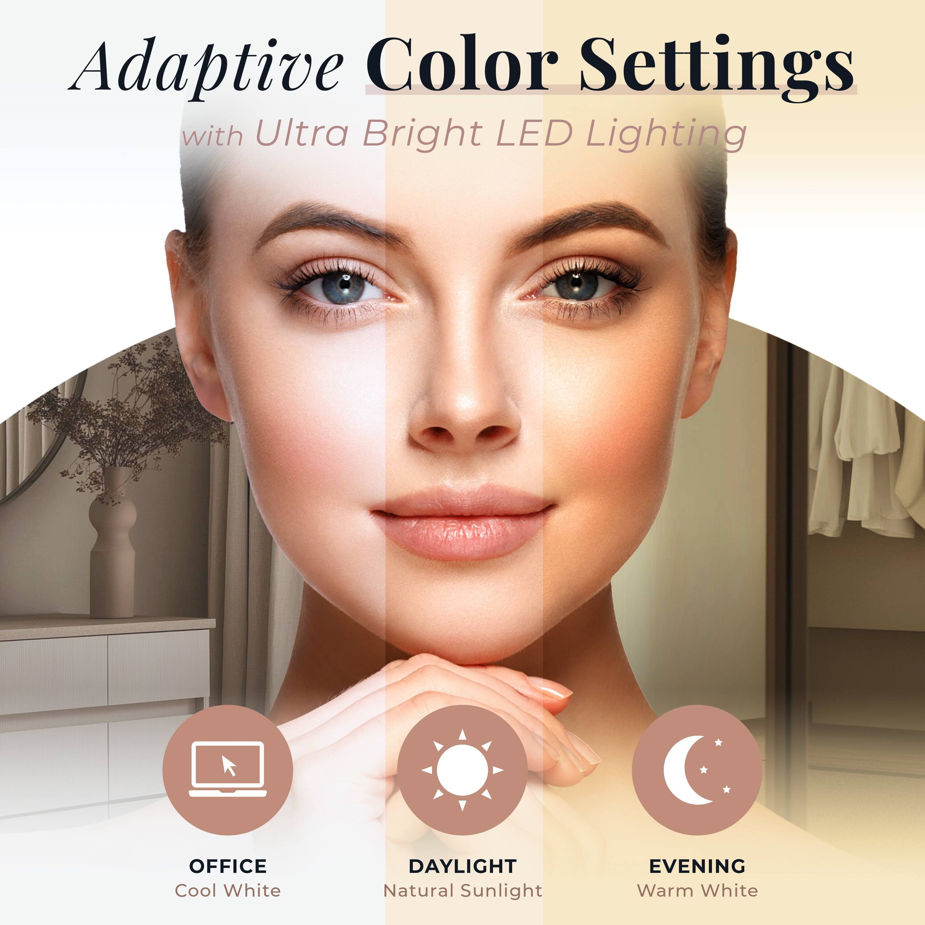 Adaptive Color Settings with Ultra Bright LED Lighting

- OFFICE: Cool White
- DAYLIGHT: Natural Sunlight
- EVENING: Warm White