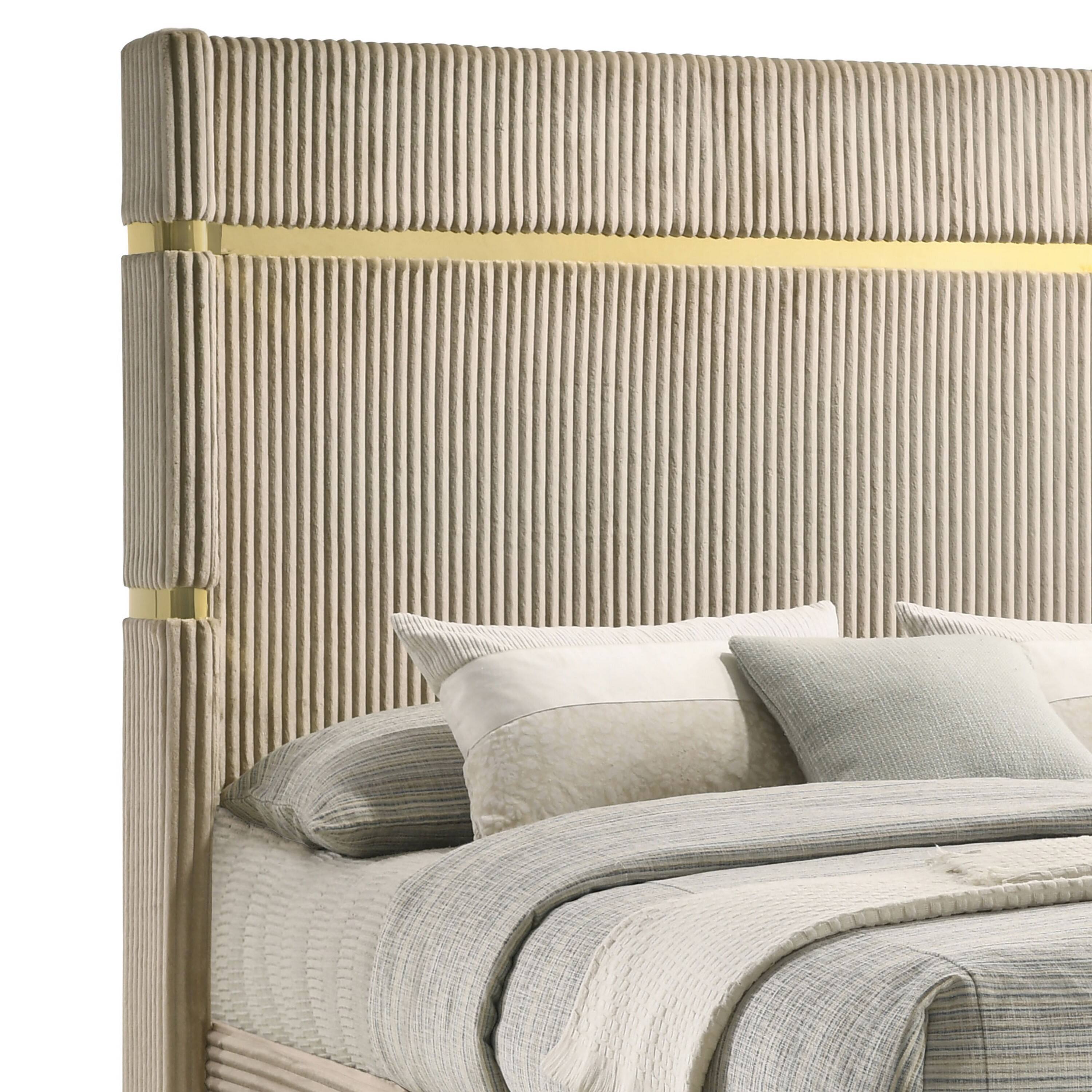 Alt View 3. Manhattan Lane - Jenny Queen Size Bed, Fluted Wingback Headboard, Beige Upholstery Gold Trim - Beige, Gold.