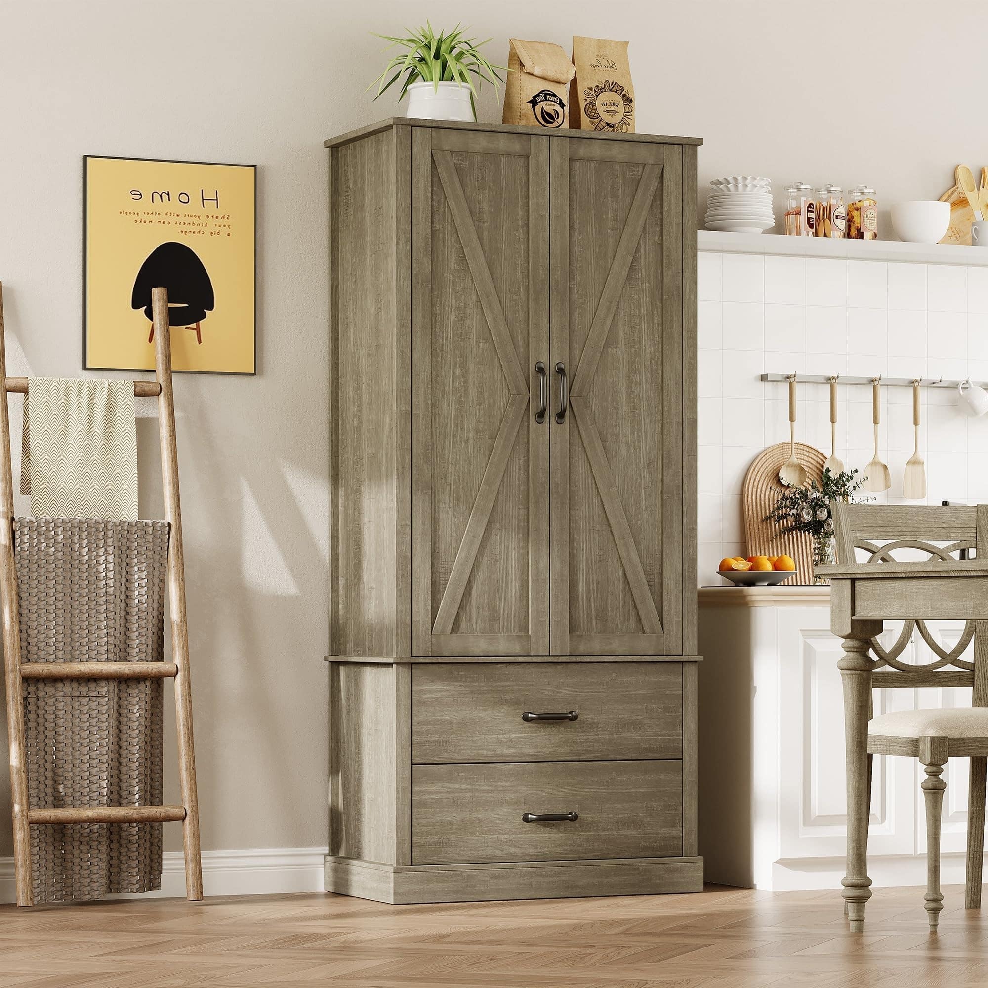 Jojoka - 64" Kitchen Pantry Cabinet with Barn Doors, Drawer & Adjustable Shelves, Freestanding Farmhouse Hutch - Gray