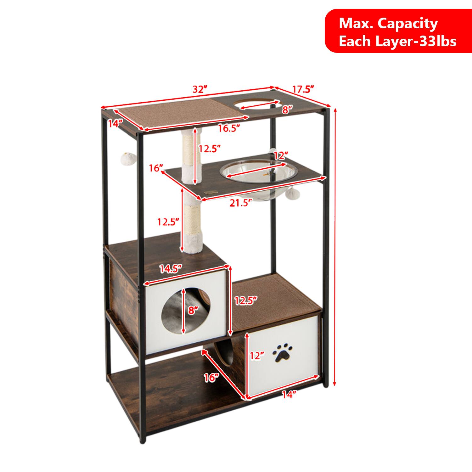 Max. Capacity Each Layer-33lbs  
32" 17.5" 14" 16.5" 8" 16" 12.5" 12" 21.5" 12.5" 14.5" 8" 12.5" 12" 16" 14"