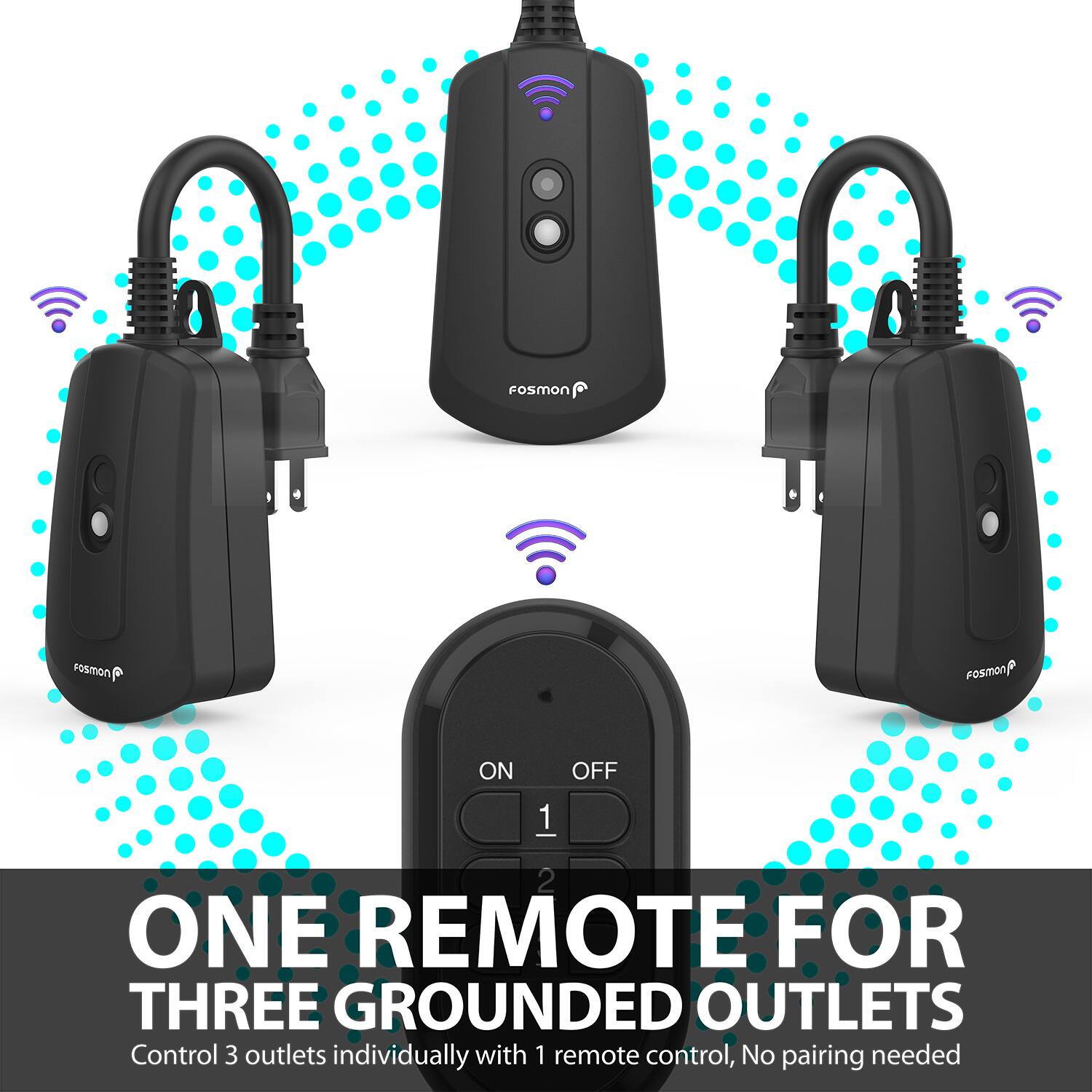 FoSMon, FoSMon, FoSMon, ON, OFF, 1, ONE REMOTE FOR THREE GROUNDED OUTLETS, Control 3 outlets individually with 1 remote control, No pairing needed