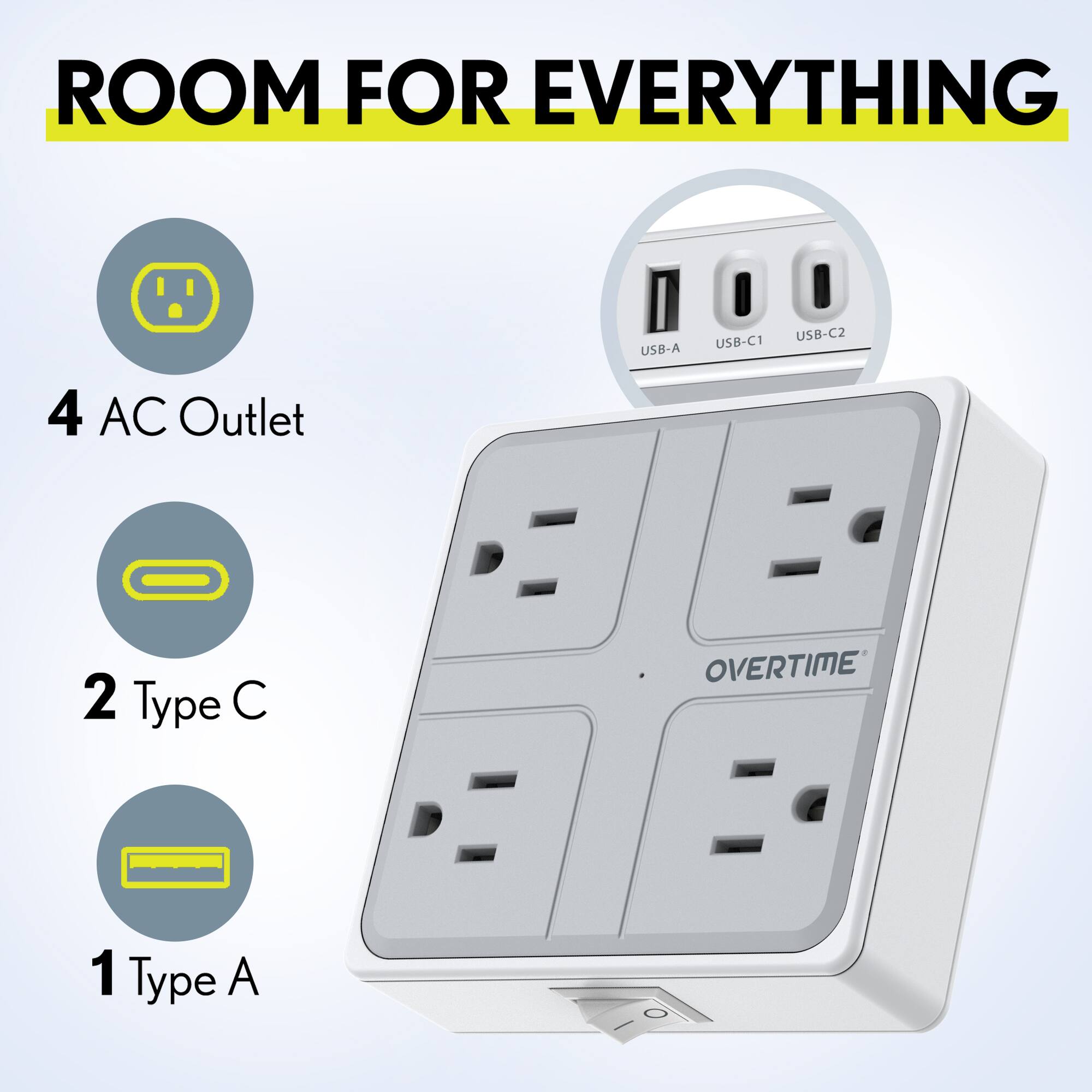 ROOM FOR EVERYTHING

4 AC Outlet

2 Type C

1 Type A