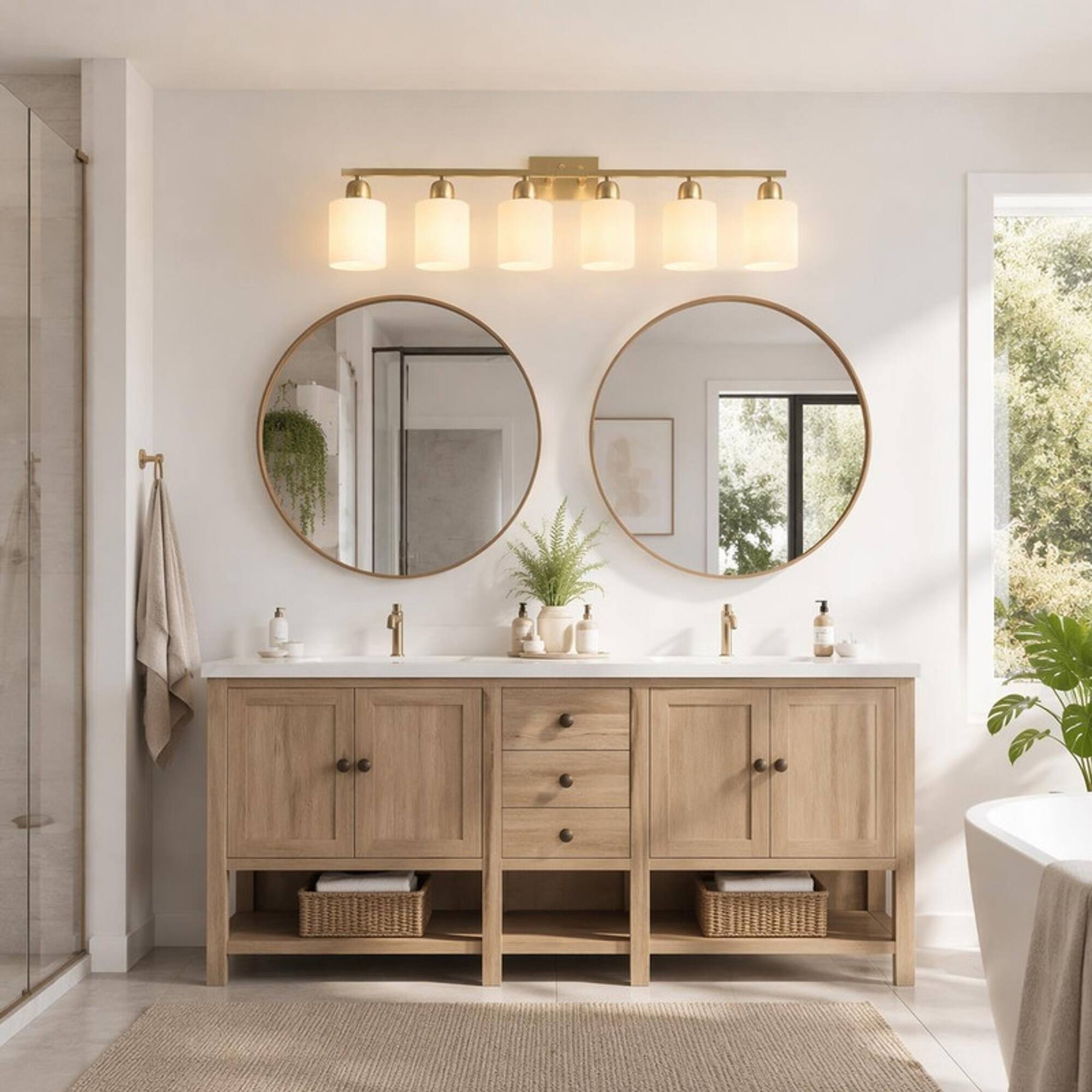 Back. RYHNUYNE - Gold 6‑Light Bathroom Vanity Light,Modern Wall Sconce with Milky White Frosted Glass Shades - Coppery.